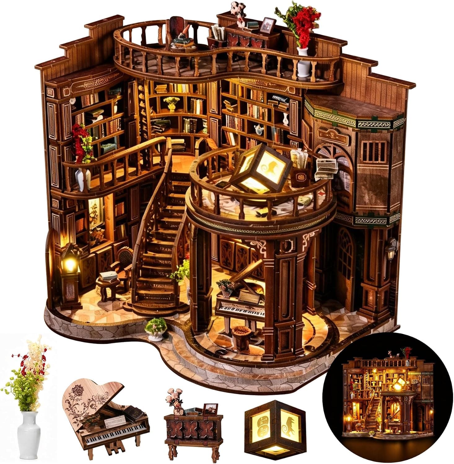 Book Nook Kit para Adultos - CRIOLPO DIY Casa en Miniatura Puzzle de Madera 3D Casa de Muñecas - Sujetalibros para estantería Decoración con Luz Led Regalo Creativo para Lectores