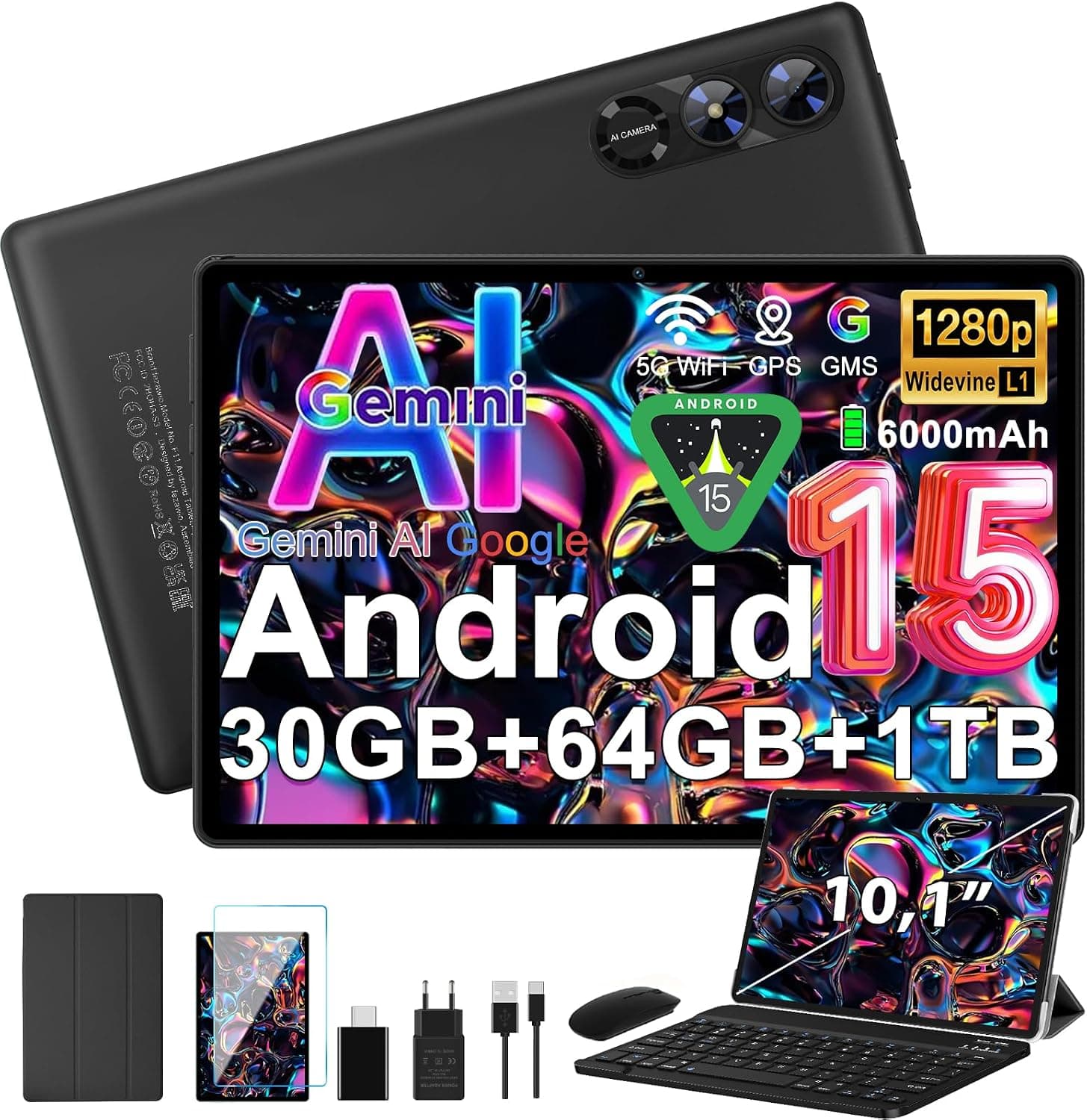 Tablet 10,1 pulgadas Android 15 tableta Gemini AI, 30+64GB+(1GB TF),Negro