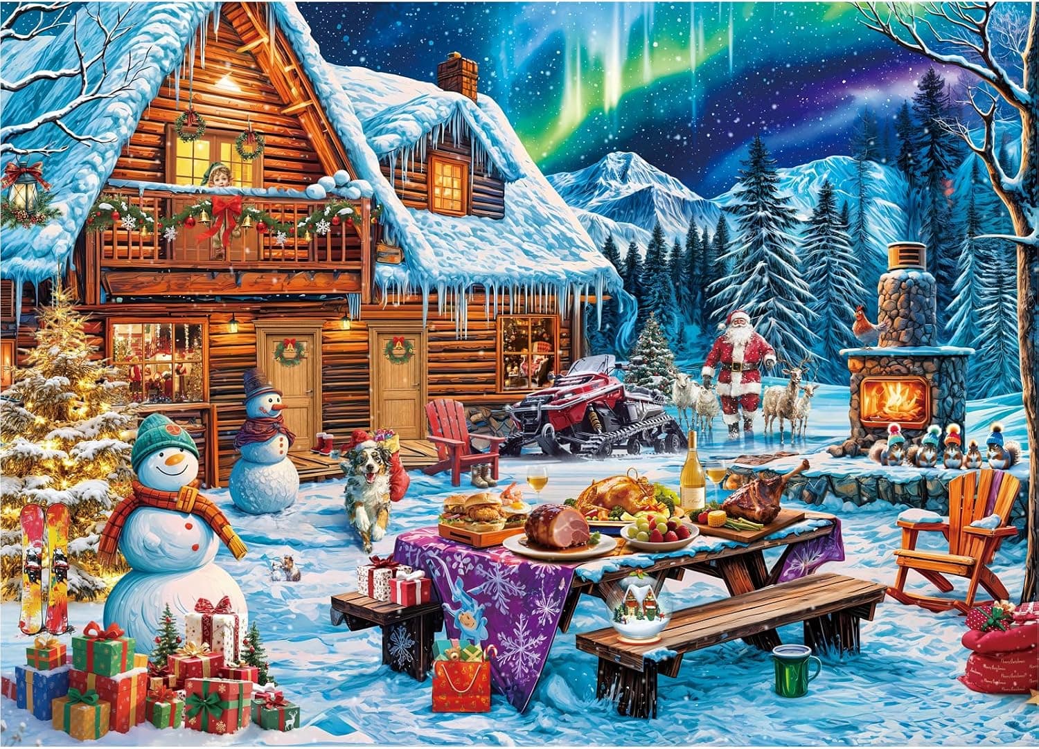HUADADA Puzzle interactivo de 1000 piezas, familias, regalo – Puzzle de 1000 piezas, adultos: aurora boreal y Navidad