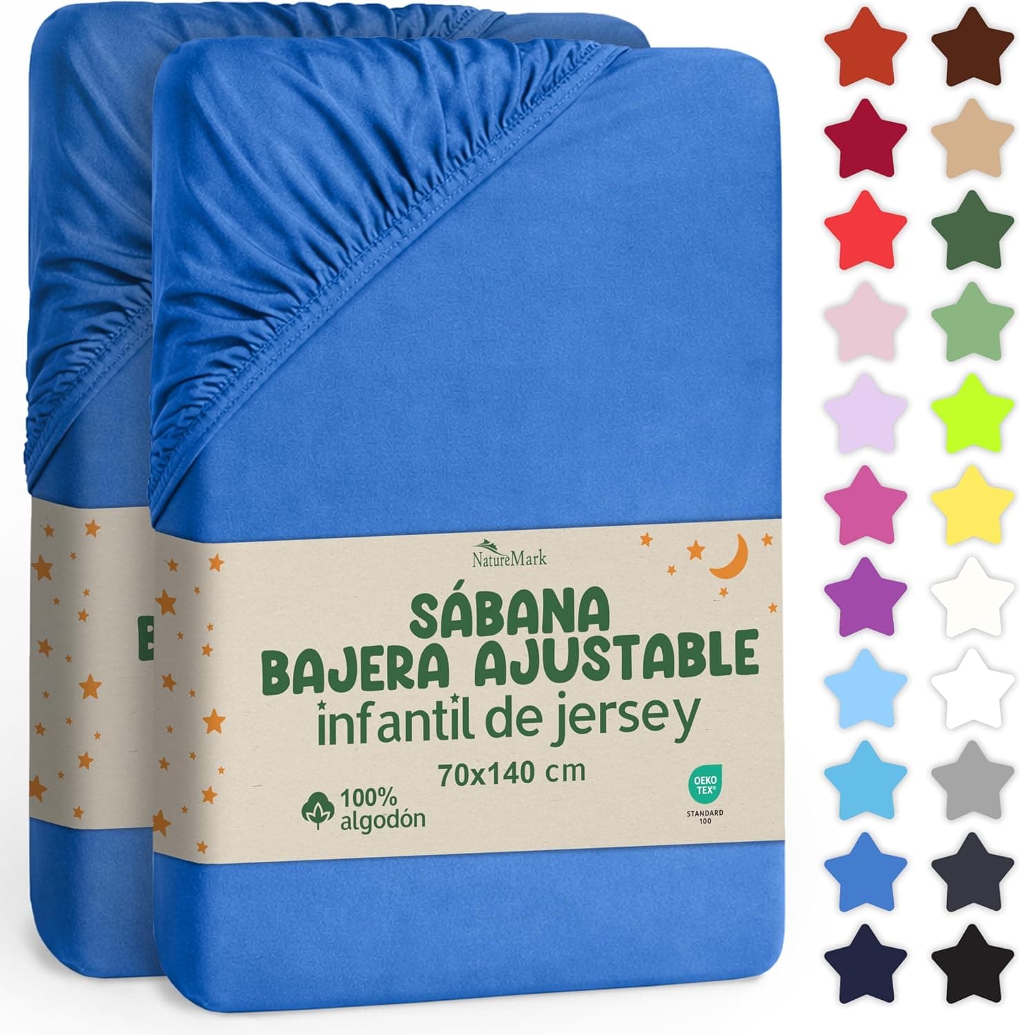 NatureMark Sábana Ajustable para Niños 70x140 cm – Suave Jersey, 100% Algodón, Pack de 2 para Cuna y Camita Infantil, Azul Real