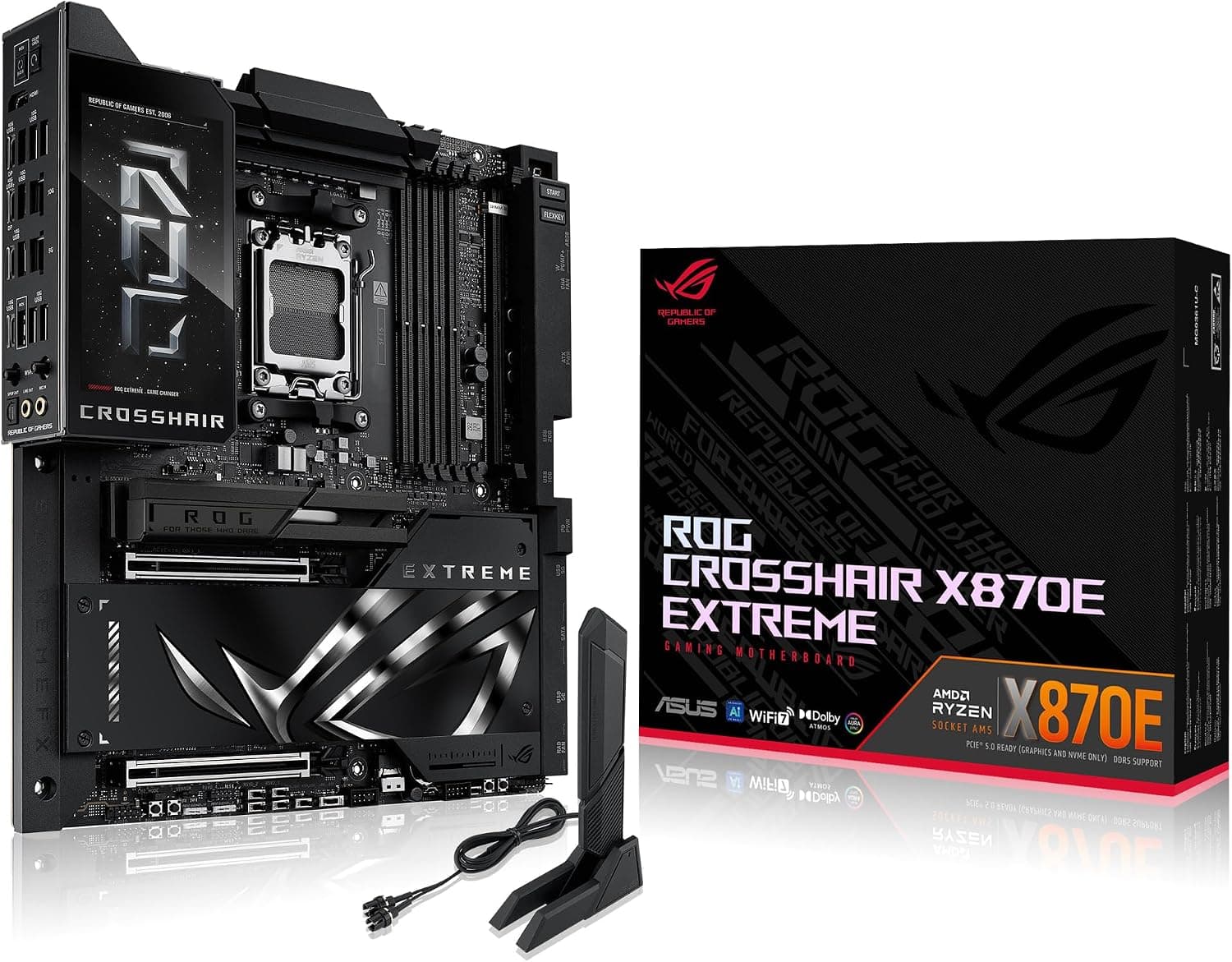 ASUS ROG Crosshair X870E Extreme - Placa Base AMD E-ATX, 20+2+2 etapas de Potencia, DDR5, PCIe 5.0 Compatible con GPU de próxima generación, Cinco M.2, Wi-Fi 7, ASUS AI Advisor, LCD de 5 Pulgadas