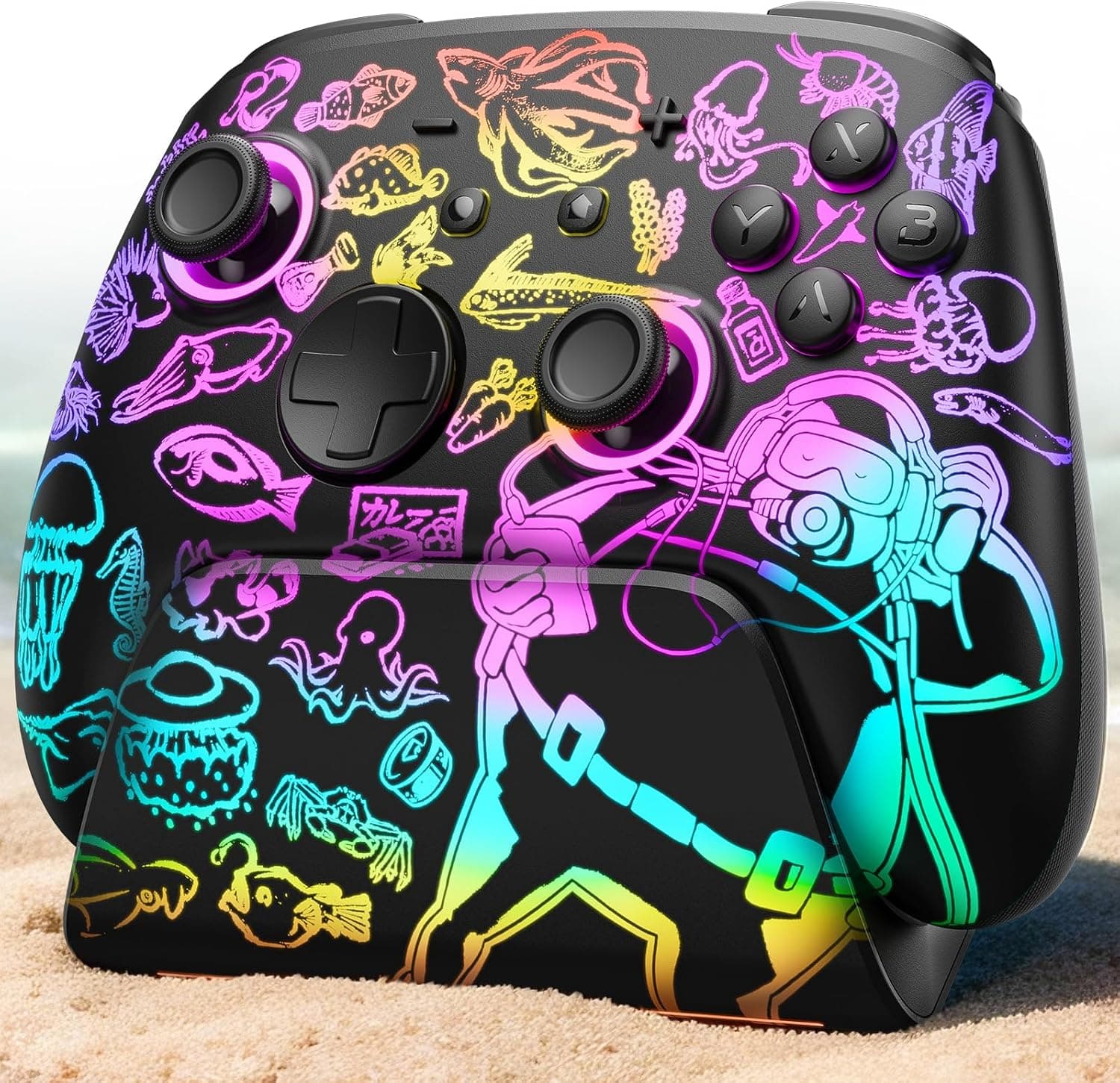FUNLAB Mando Switch 2 Pro Dave the Diver para Switch 2 con Base de Carga Compatible con Switch 1/PC/Steam deck, Mando Inalámbrico Bluetooth con Efecto Hall, 7 Colores LED/Turbo/Control Remoto