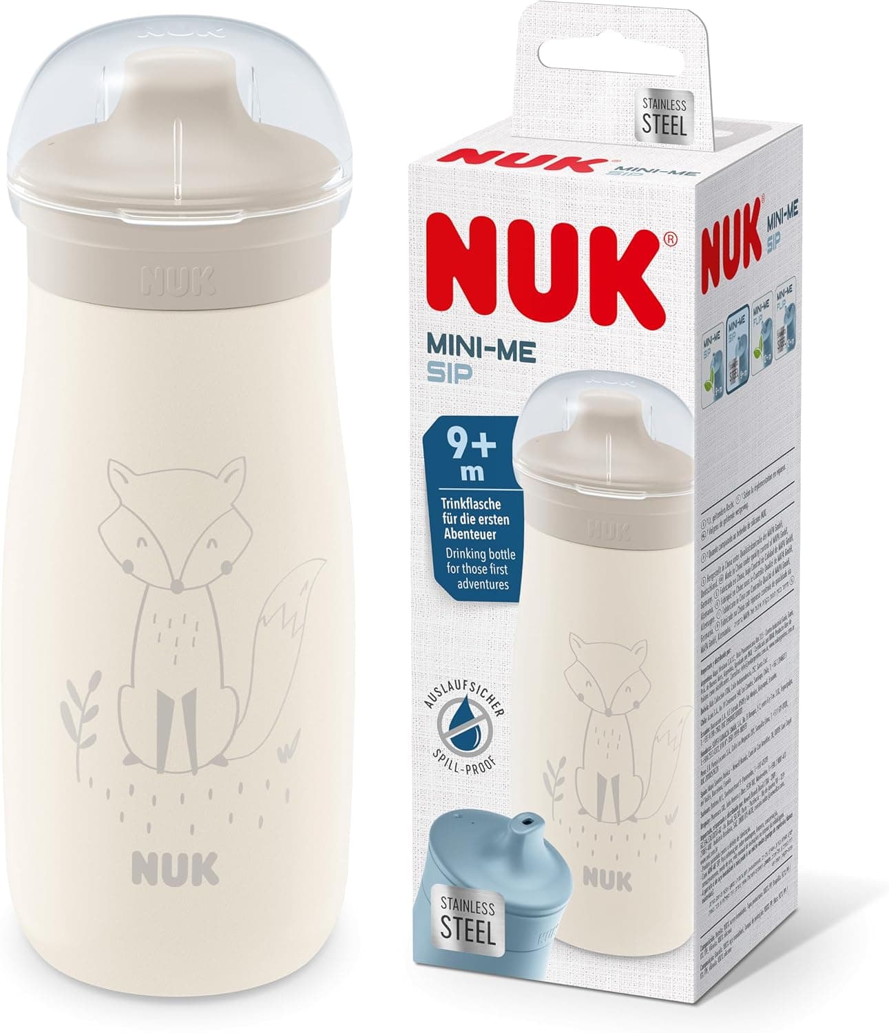 Vaso NUK Mini-Me Sip para niños pequeños | 9+ meses | 300 ml | Botella de agua para niños | Boquilla endurecida a prueba de fugas | A prueba de roturas | Zorro beige