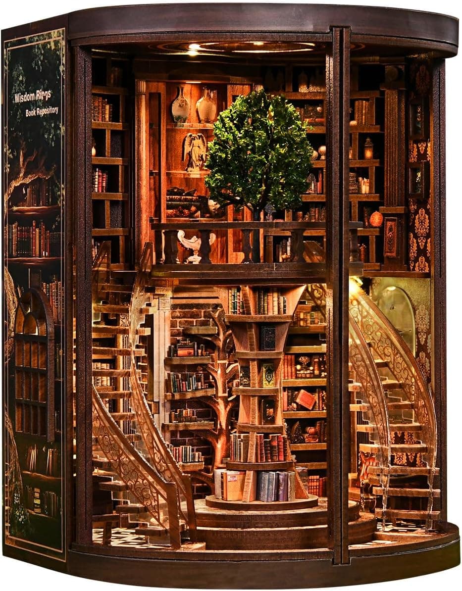 Book Nook Kit -Archivo de Libros Anillos de sabiduría-Buchstütze Aus Holz und 3D-Puzzle mit LED-Licht, DIY Set Erwachsene,Kit de Diorama para decoración de estantería