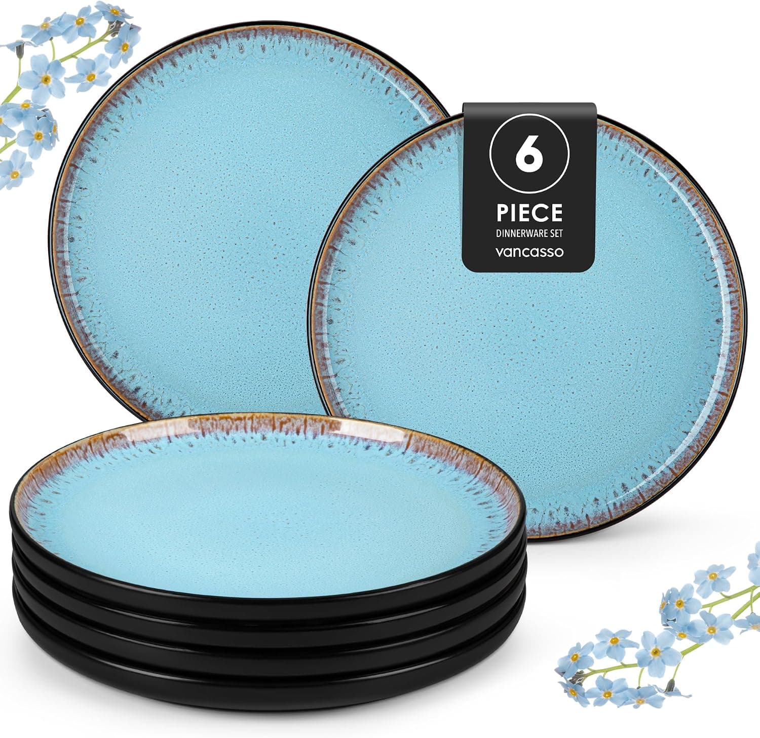 vancasso serie AMBER Set de 6 Platos Llanos - 26 cm - Platos de Gres para Ensalada Desayuno, Apto para Lavavajillas y Microondas, Esmalte Reactivo Azul