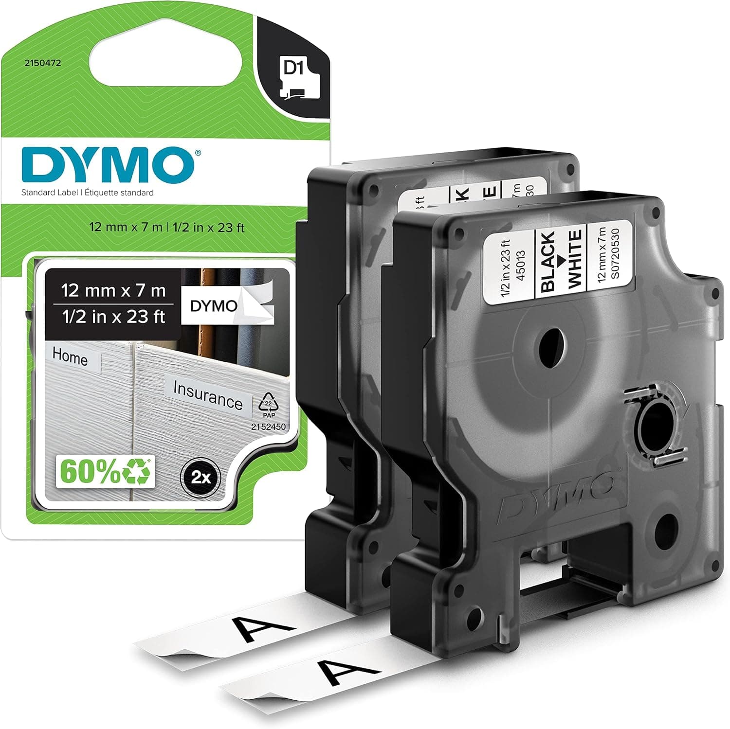 DYMO D1 etiquetas auténticas | impresión negra sobre fondo blanco | 12 mm × 7 m | etiquetas autoadhesivas para impresoras de etiquetas LabelManager | 2 unidades