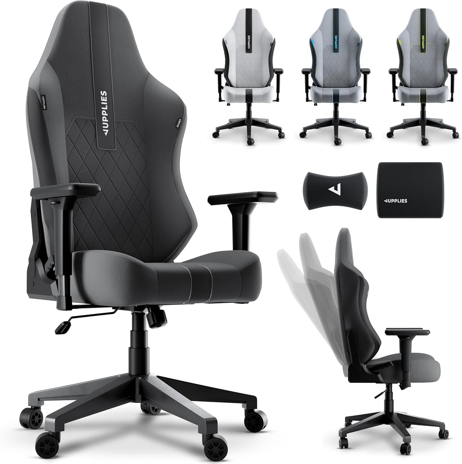 JUPPLIES Silla Gaming Premium Ergonómica – Sillas Gamer con Lino Transpirable, Reclinable 160°, Cojín Viscoelástico, Reposabrazos 4D y Base Hierro Reforzada (Negra)