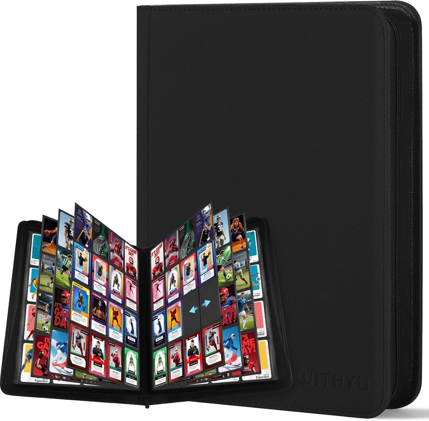 WITHYU Álbum de Colección de 16 Bolsillos, Capacidad 1024 Cartas. Carpeta Impermeable de Carga Lateral con Cremallera para TCG, Fútbol y Cartas Coleccionables, Portátil (Negro)