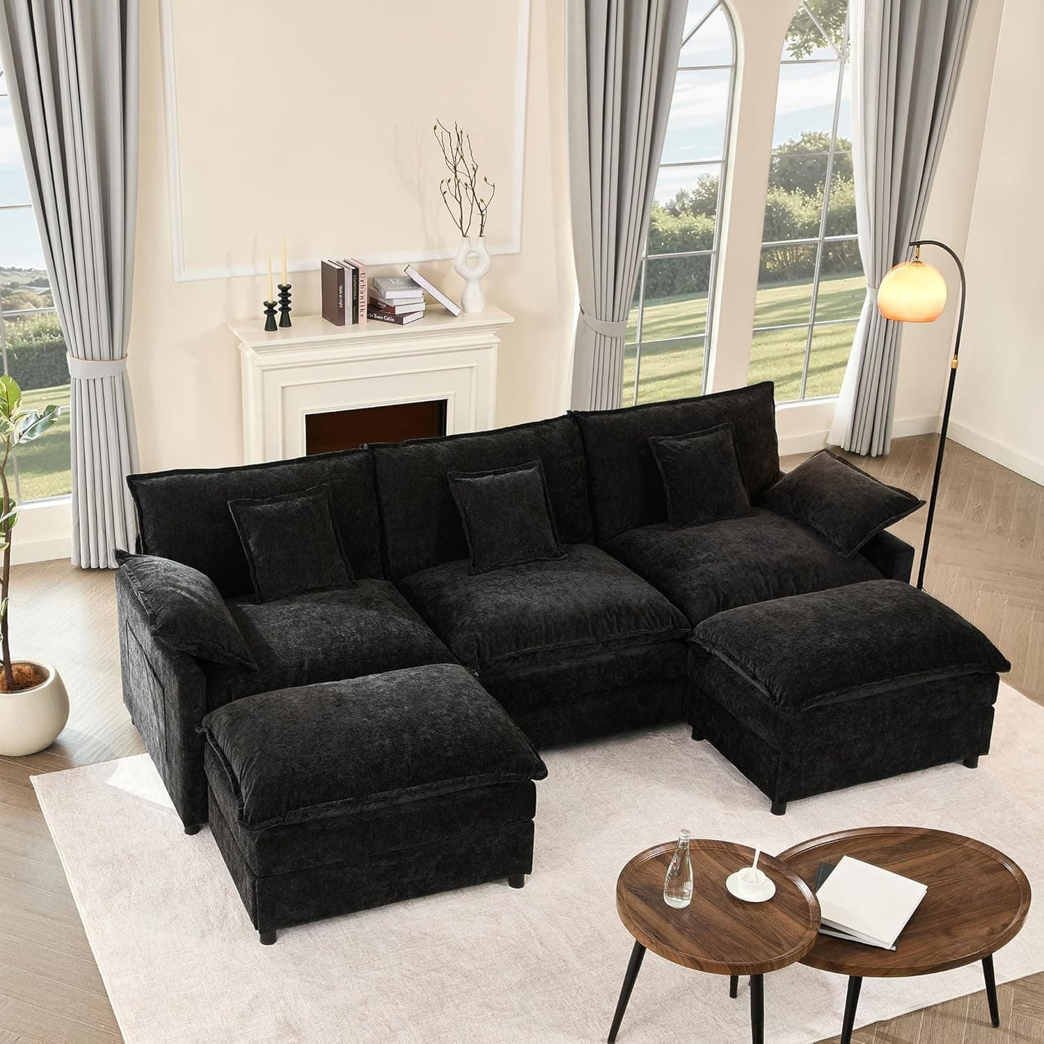 274 cm Sofá 3 Plazas Modular en Forma de U con Pufs Móviles, Negro