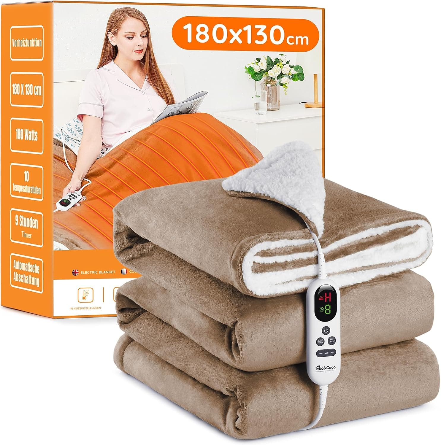 Manta Eléctrica Grande Térmica para Cama 130x180cm 10 Niveles de Calor y Temporizador de Apagado Automático de 1~9 Horas para Protección, Pantalla LED, para Cama Hogar y Oficina, Franela Lavable,Caqui