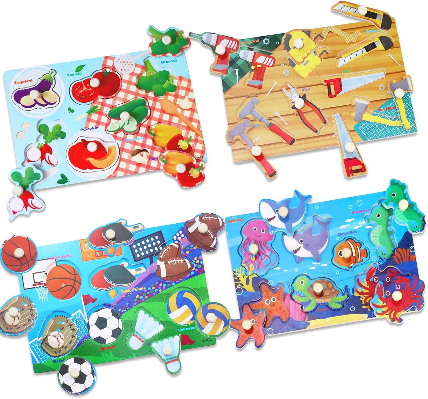 4 Piezas Puzzle de Deporte/Verdura/Herramienta/Animal para Niños,Montessori Rompecabezas, Juguetes Educativos para Aprender Habilidades Motoras Finas, Regalos para Bebés de 1, 2 y 3 Años
