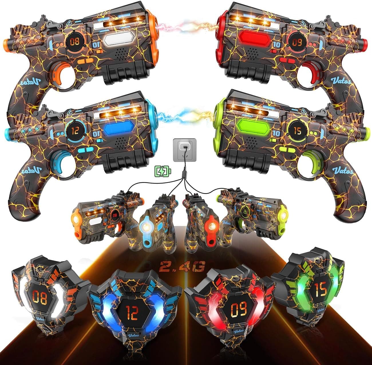 VATOS Recargable Laser Tag Set de 4 Jugadores - 2.4GHz Datos Totalmente Sync 4 Pistola y 4 Sensores Chaleco,Cool Cumpleaños Juguetes e Ideas Laser Tag Pistola para Niños Adolescentes Adultos