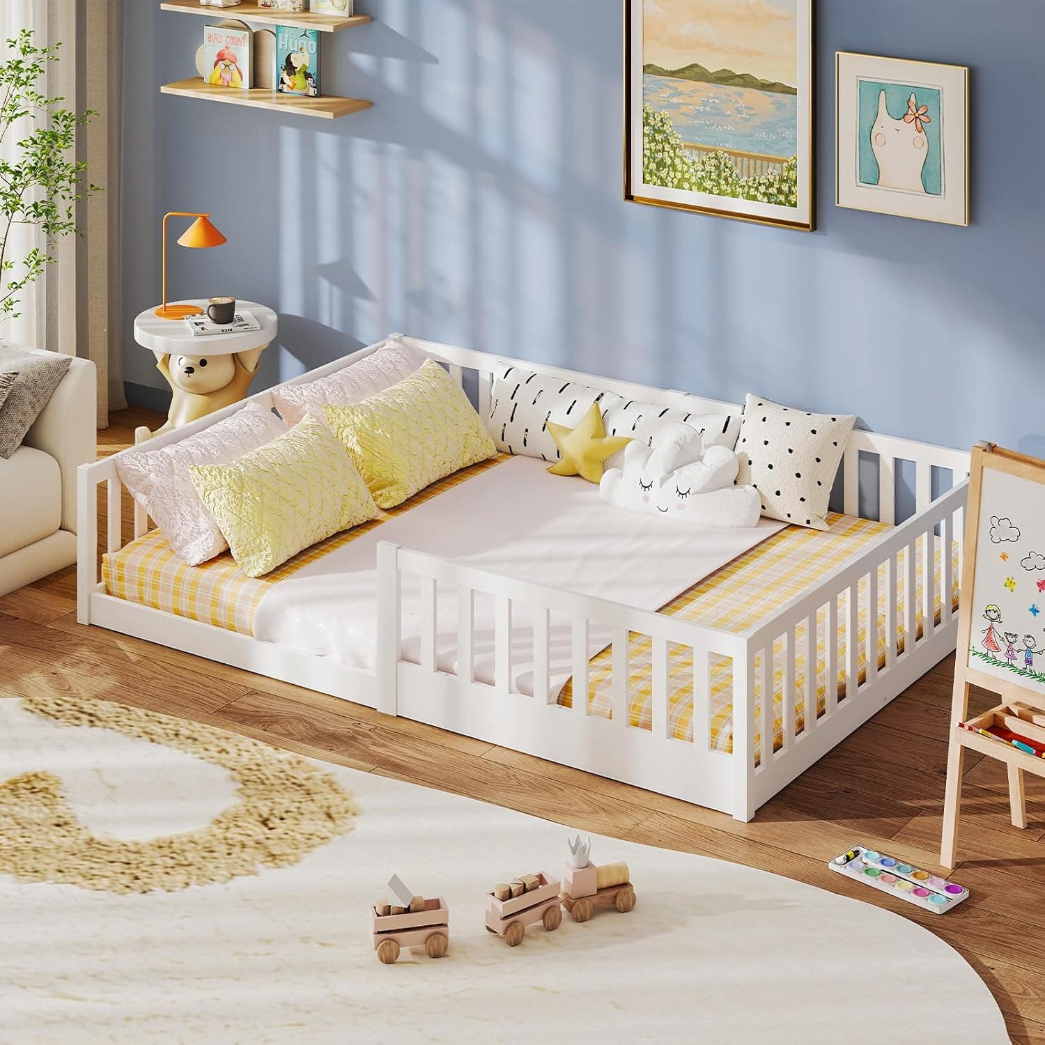 labebe Cama baja para niños 140 x 200, cama Montessori de madera maciza blanca con barandillas de seguridad y somier (colchón no incluido) Adecuada para niños y bebés