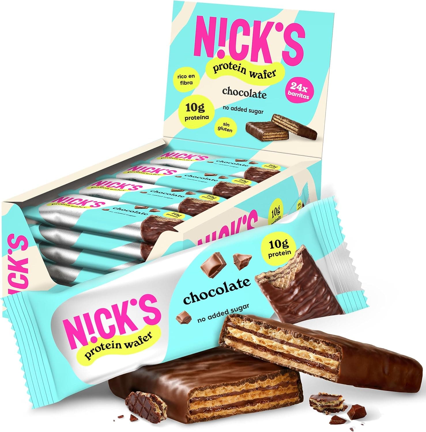 NICKS Protein wafer Chocolate | 25% Proteína | 198 calorías | Barritas Proteicas Oblea Sin Azúcar Añadido Low Carb Snack Bar Sin Gluten (24x40g)