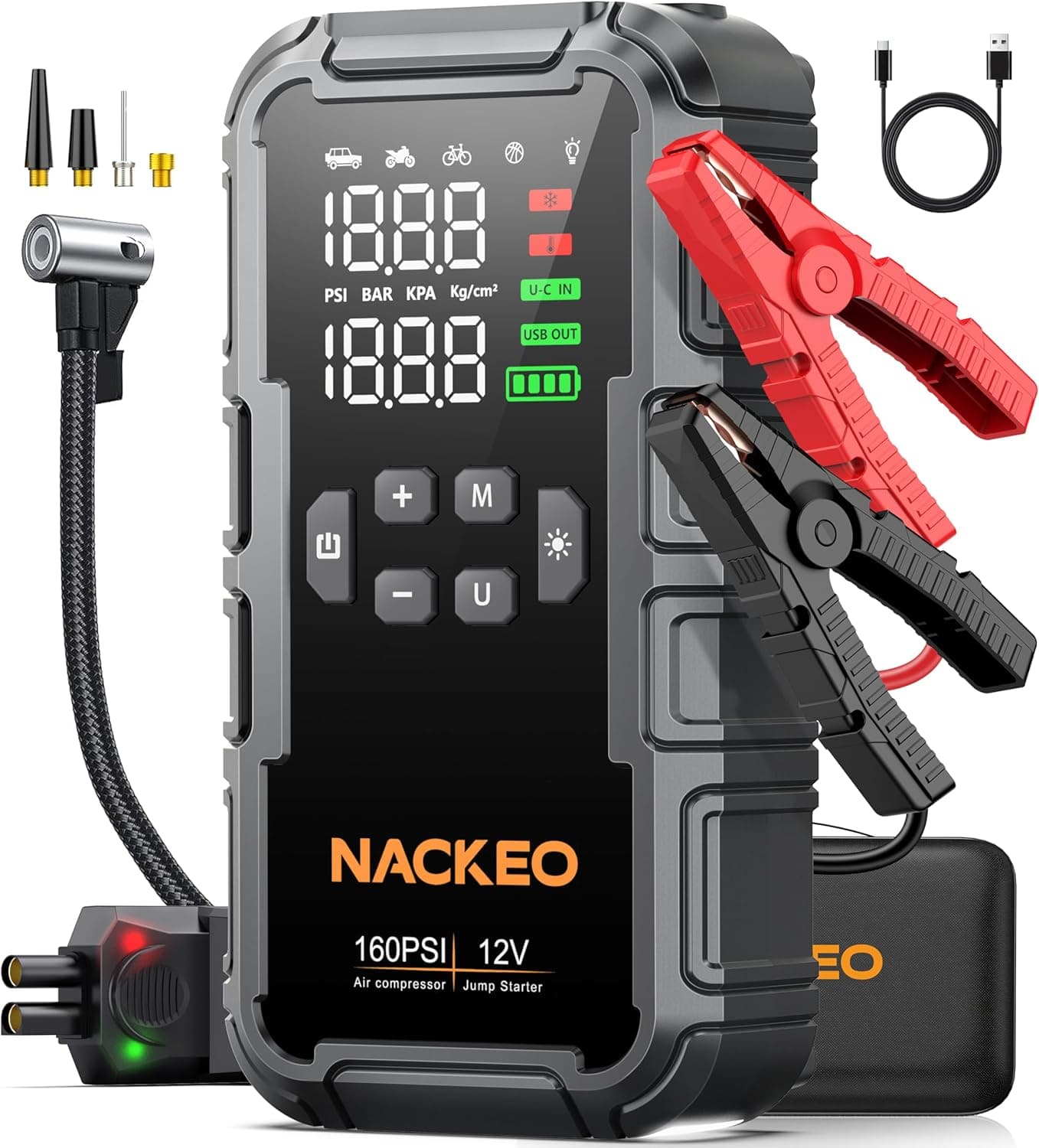 Arrancador de Baterias de Coche 8000A con Compresor, 160PSI Inflador de Neumáticos, Arrancador de Coches 12V (Gasolina y Diésel 12L), Jump Starter con LED 600LM, Cables de Arranque, LCD