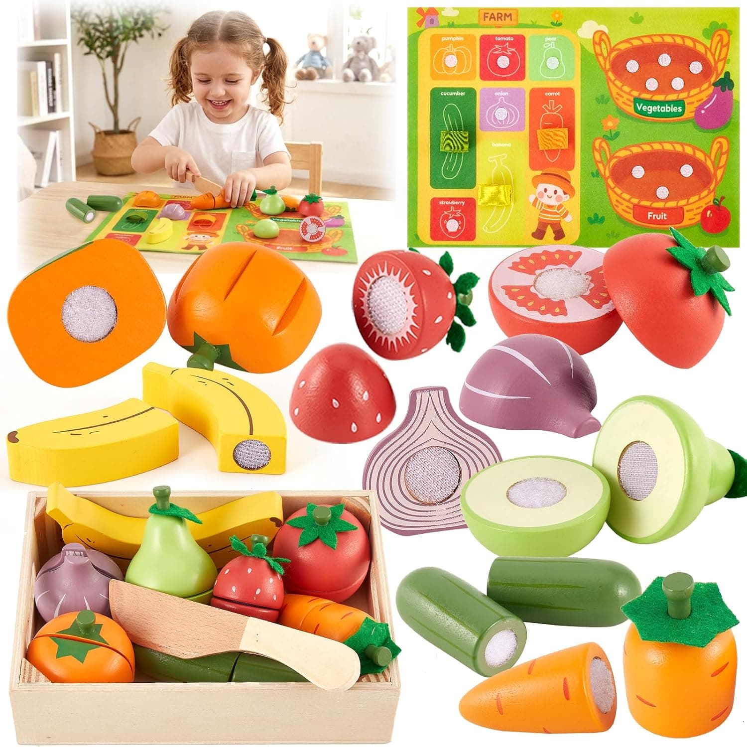 AOLEVA Frutas y Verduras Juguete, Fruta Madera Juguete Cortar para 18m+ Kid