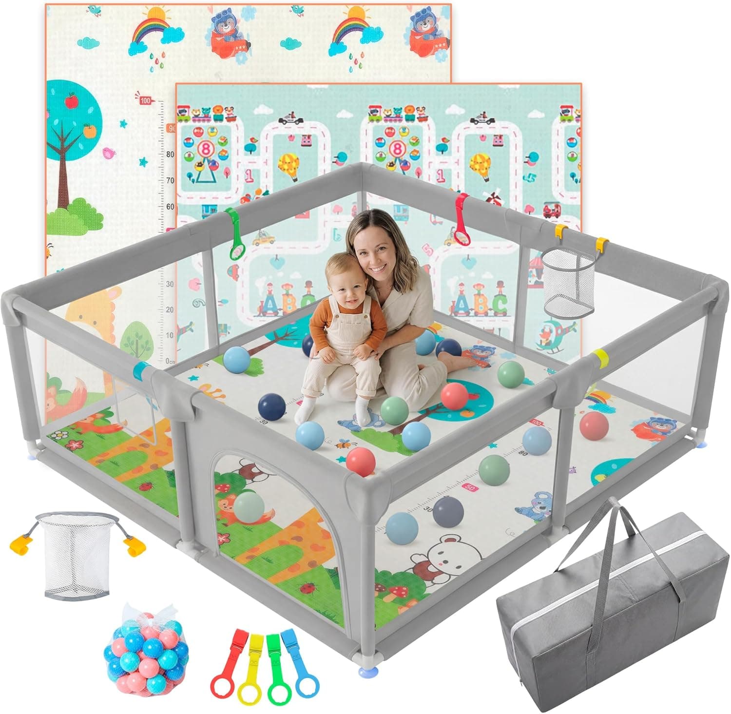 JUPPLIES Parque Infantil Bebe 120x120cm + Alfombra Bebe + Agarraderas + Canasta + 50 Bolas + Bolsas de Transporte | Corralito Bebe con Malla Transpirable (Gris)