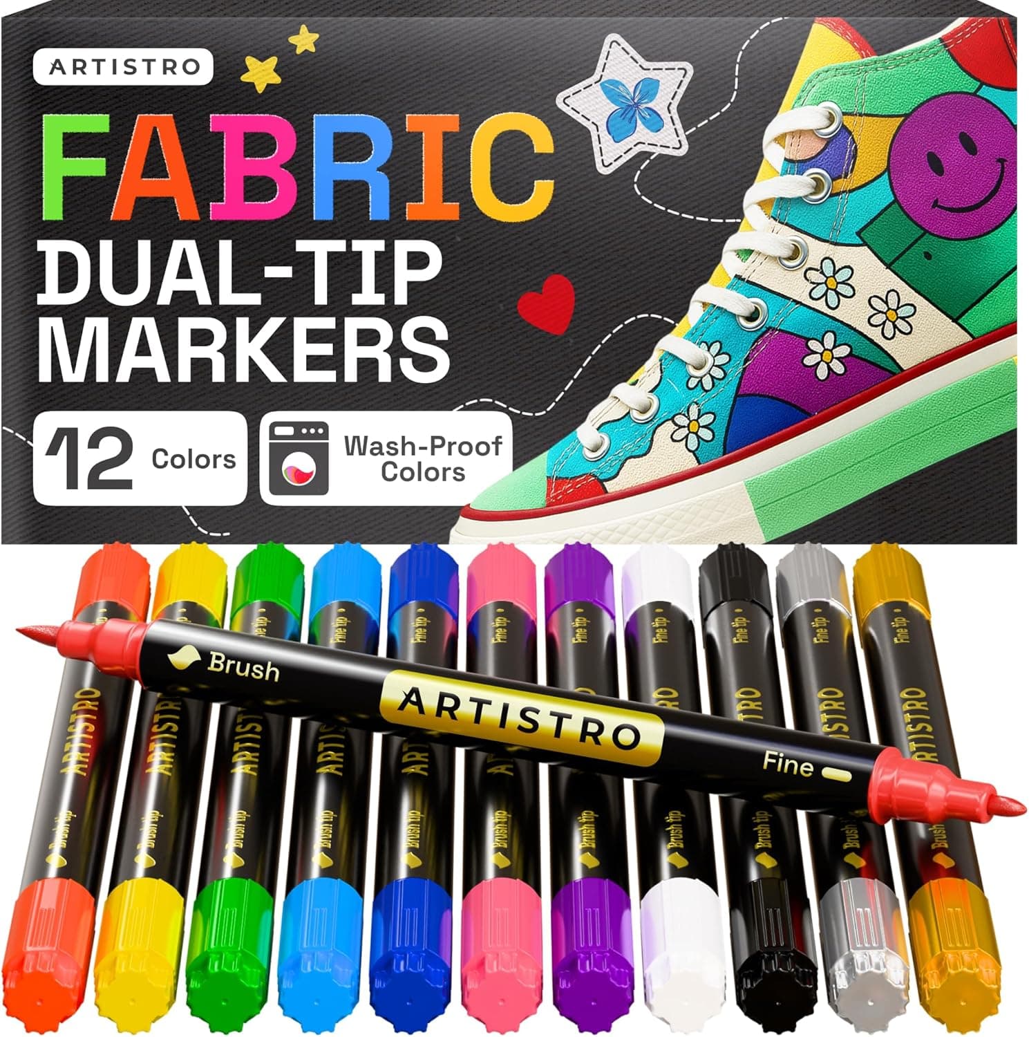 ARTISTRO 12 Marcadores de Tela de Doble Punta - Kit de Decoración Textil - Permanente para Ropa - Rotuladores Sin Manchas para Camisetas, Bolsas, Textiles, Lienzos y Más (Punta de Pincel y Punta Fina)