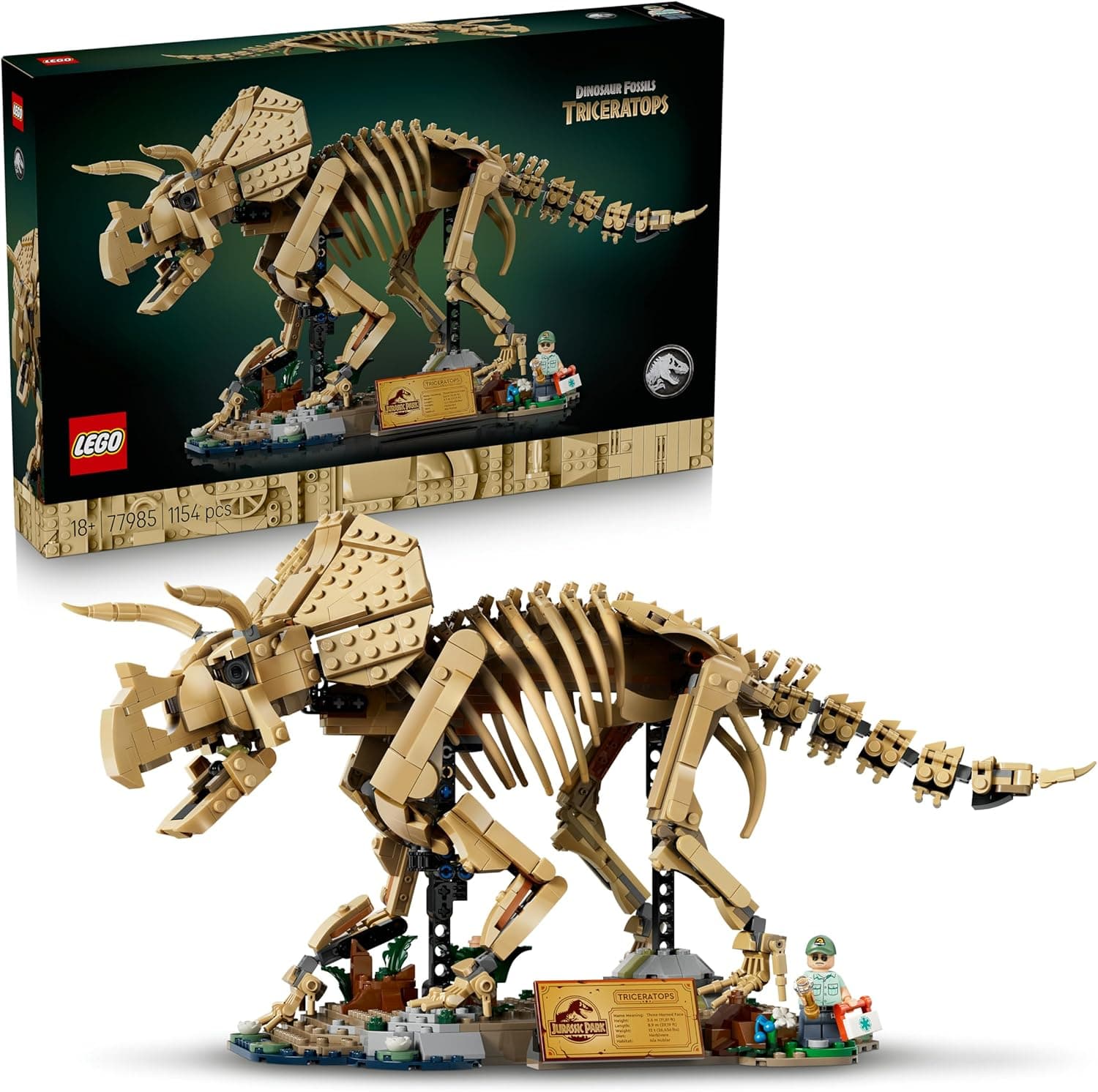 LEGO Jurassic World Fósiles de Dinosaurio: Triceratops - Kit de Maquetas para Adultos con Minifigura de Dr. Gerry Harding - Decoración para la Estantería - Regalo Fans de Parque Jurásico - 77985