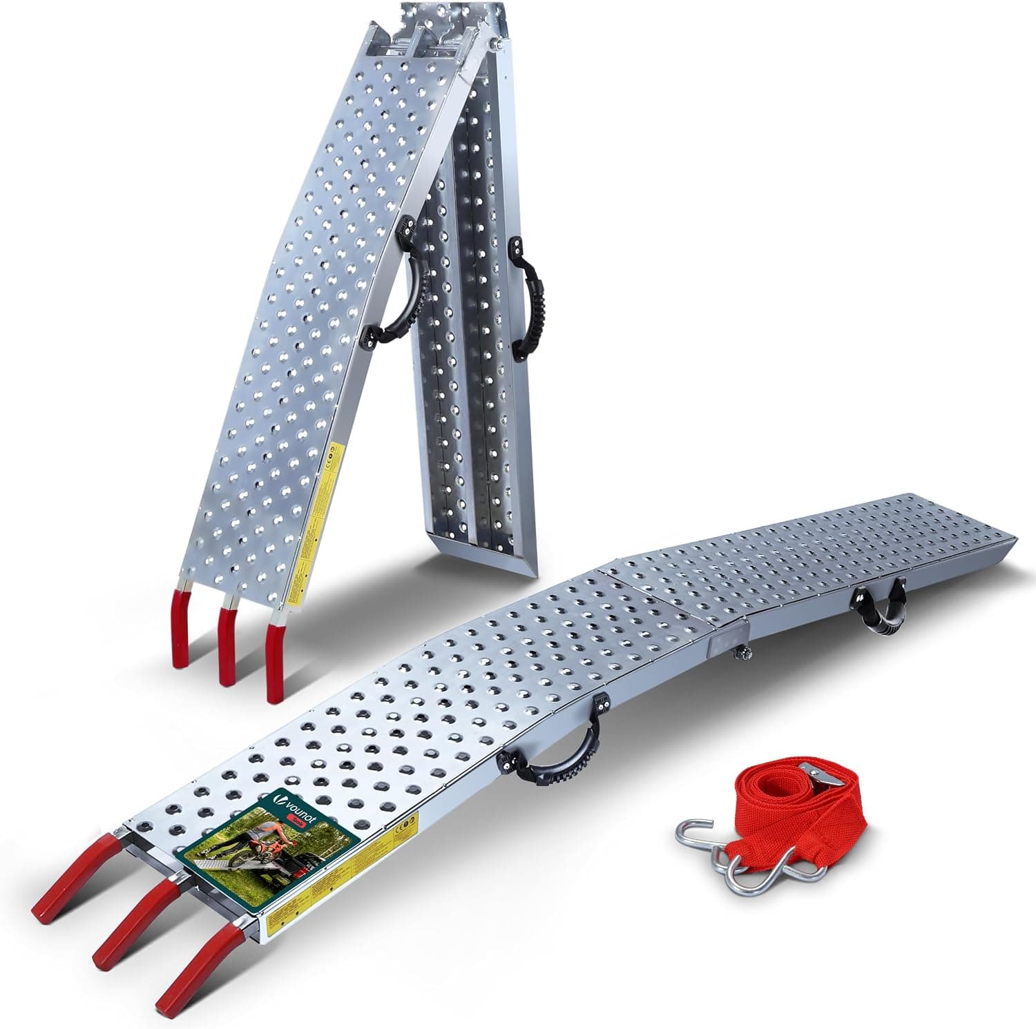 VOUNOT® Rampa de Carga Plegable 400 kg Máx. de Capacidad, Rampa de Acceso Riel Antideslizante de Metal Galvanizado con Correas de Seguridad, Plegable para Moto Tractor Motocicleta ATV Quad