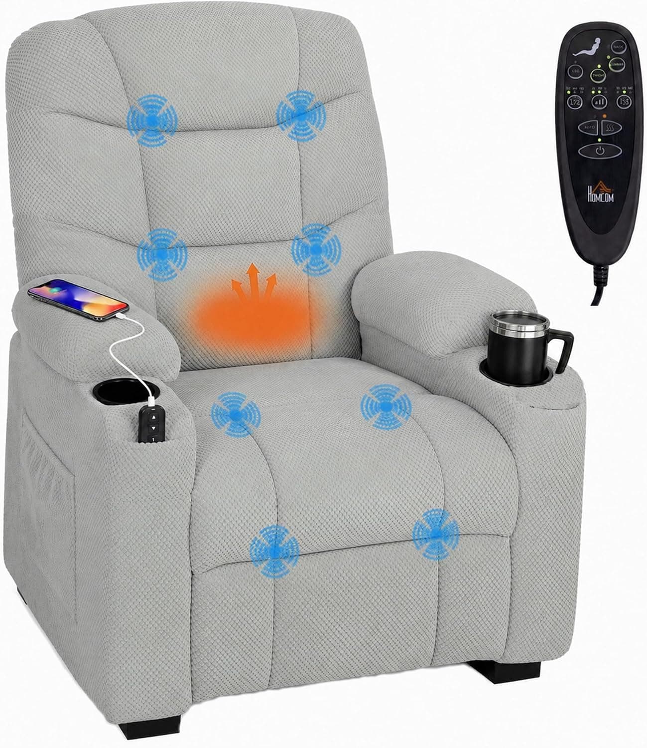 HOMCOM Sillón Relax Reclinable Eléctrico con Calor Lumbar Masaje Gris