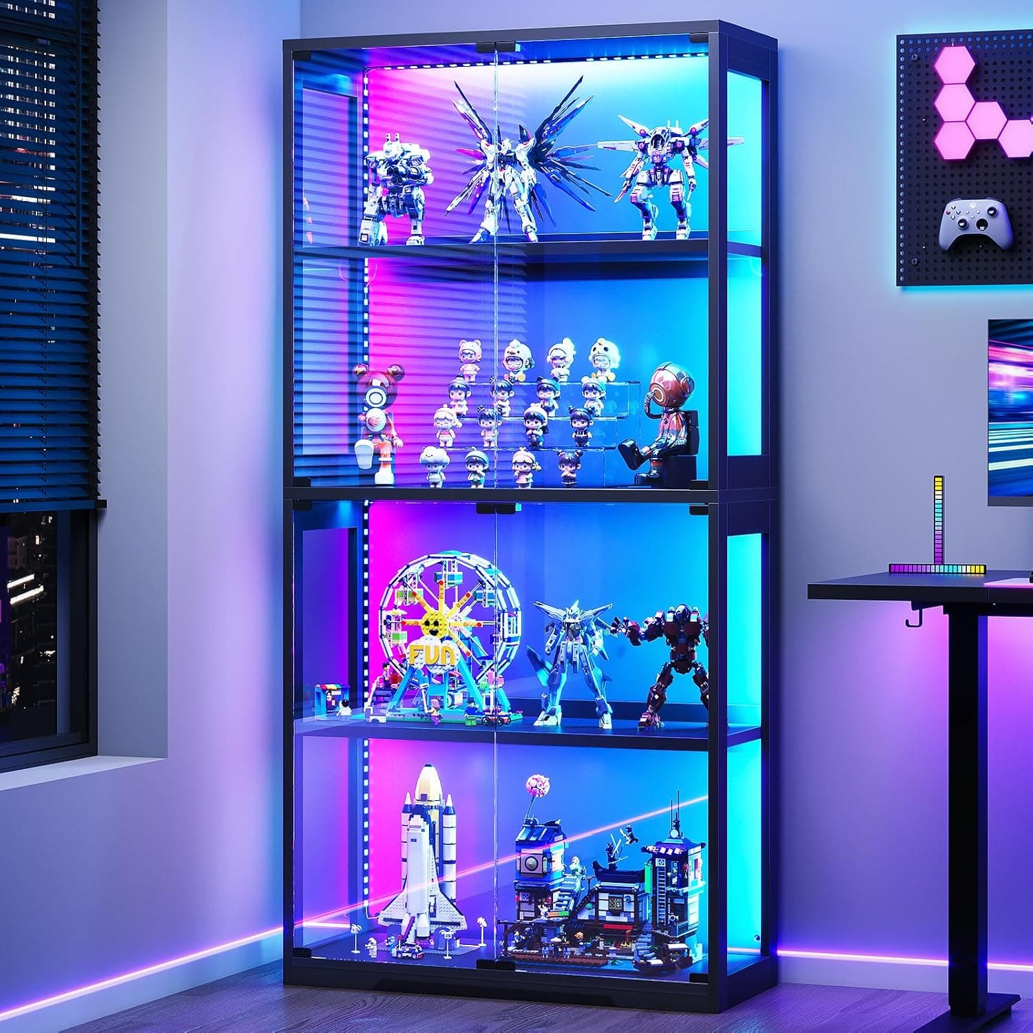 Coleshome Vitrina Cristal RGB LED 4 Estantes, Expositor Puertas, Negro