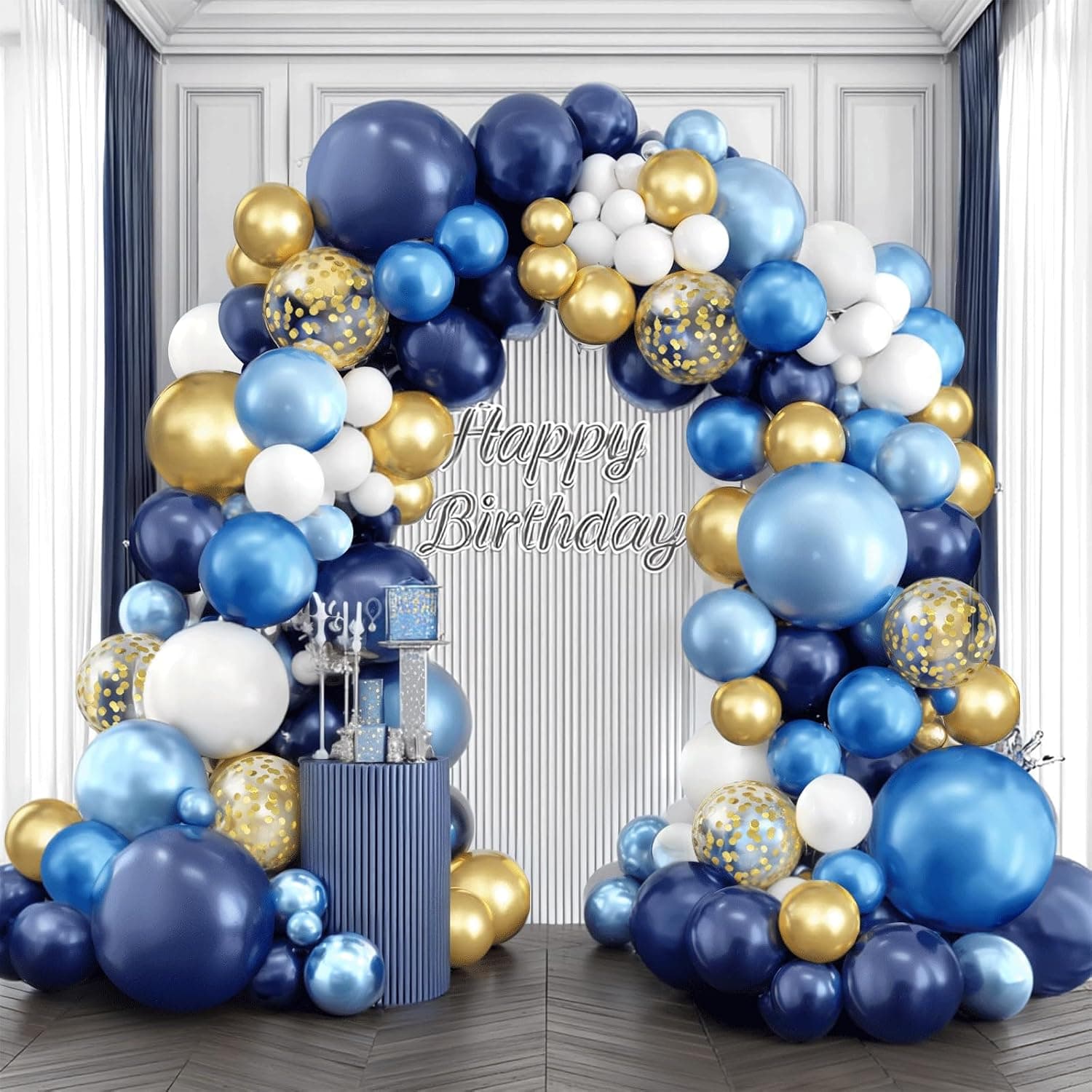 Kit de arco de globos azul marino y dorado, kit de arco de globos azules y blancos con guirnalda de globos confeti metálicos azul marino claro y dorado para graduación, fiesta de cumpleaños