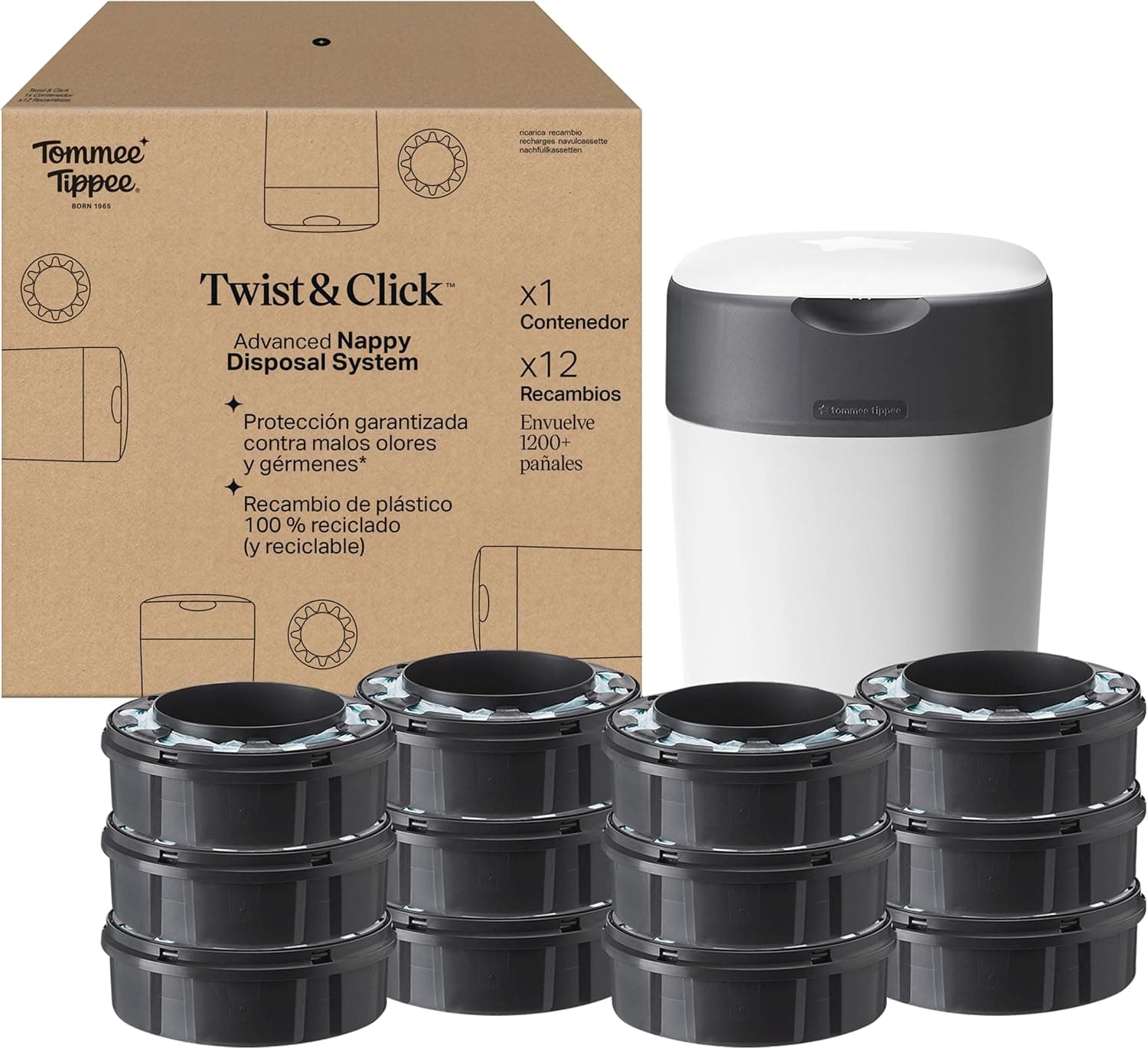 Tommee Tippee - Contenedor para Pañales Avanzado Twist and Click, Nuevo Sistema Ecológico, Incluye 12 Recambios con Película GREENFILM, Blanco