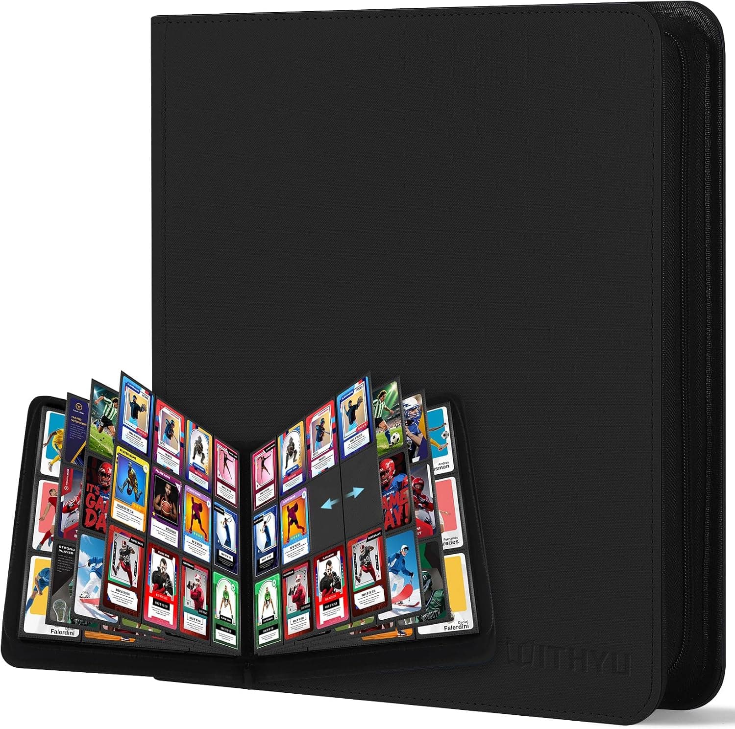 WITHYU Álbum de Colección de 12 Bolsillos, Capacidad 720Cartas, Carpeta Impermeable para Carpetas, Carga Lateral con Cremallera para TCG, Fútbol y Tarjetas Coleccionables, Portátil (Negro)