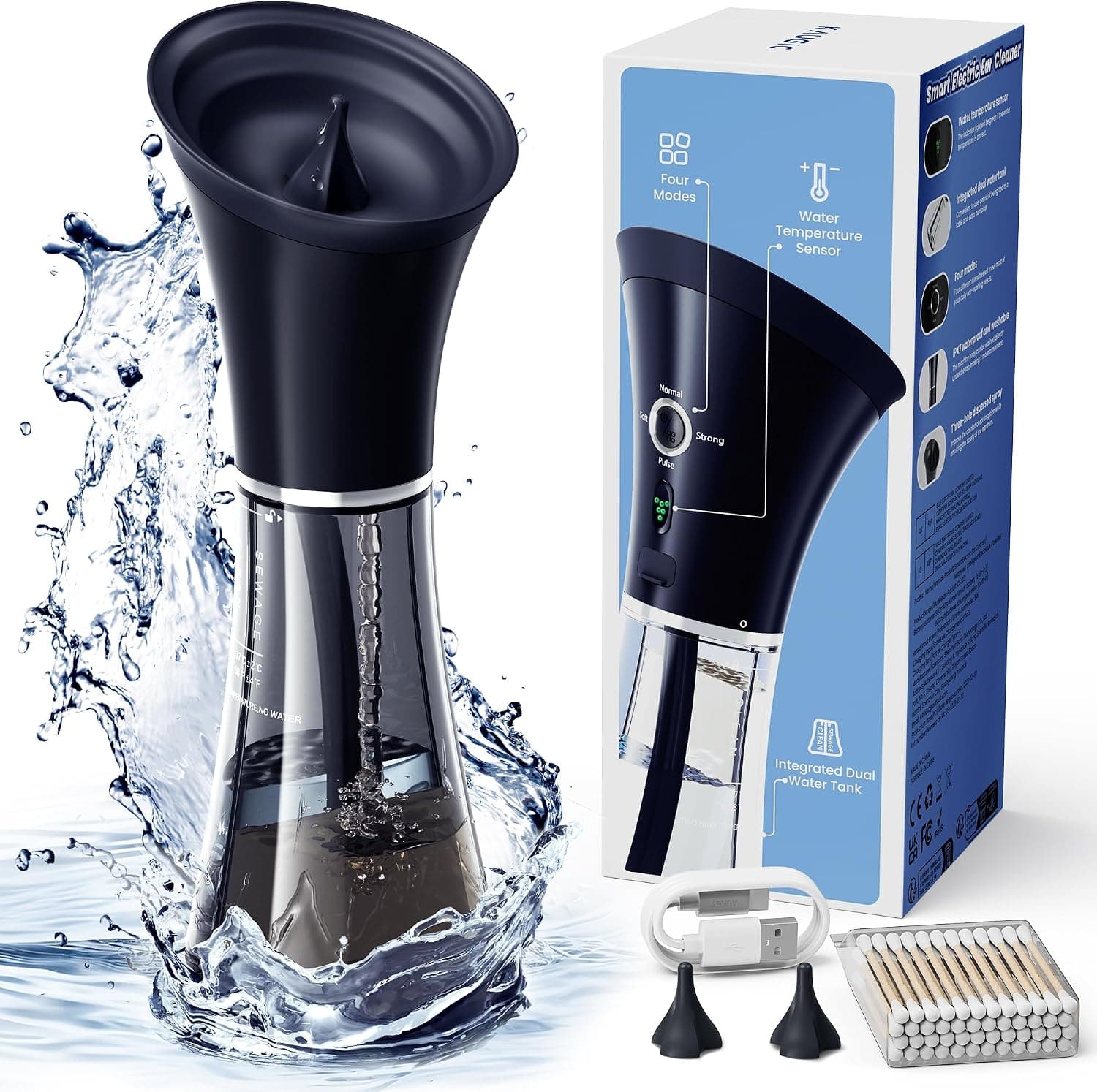 KAUGIC Limpiador Eléctrico de Oídos con Doble Depósito – Sensor Inteligente de Temperatura, Impermeable IPX7, 4 Modos de Presión de Agua, con Bastoncillos de Algodón – Para Adultos, Negro