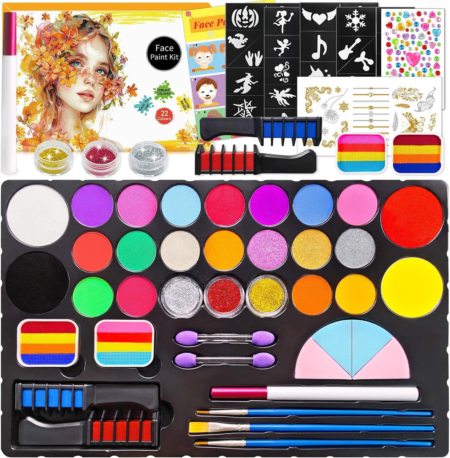 Pintura Cara Niños - 22 Colores Pintacaras Infantil con 4 Colores Grandes y Pegatinas de Tatuaje - Hipoalergenica Pintura Facial para Halloween Carnaval Fiestas Cosplay Todos los Estaciones
