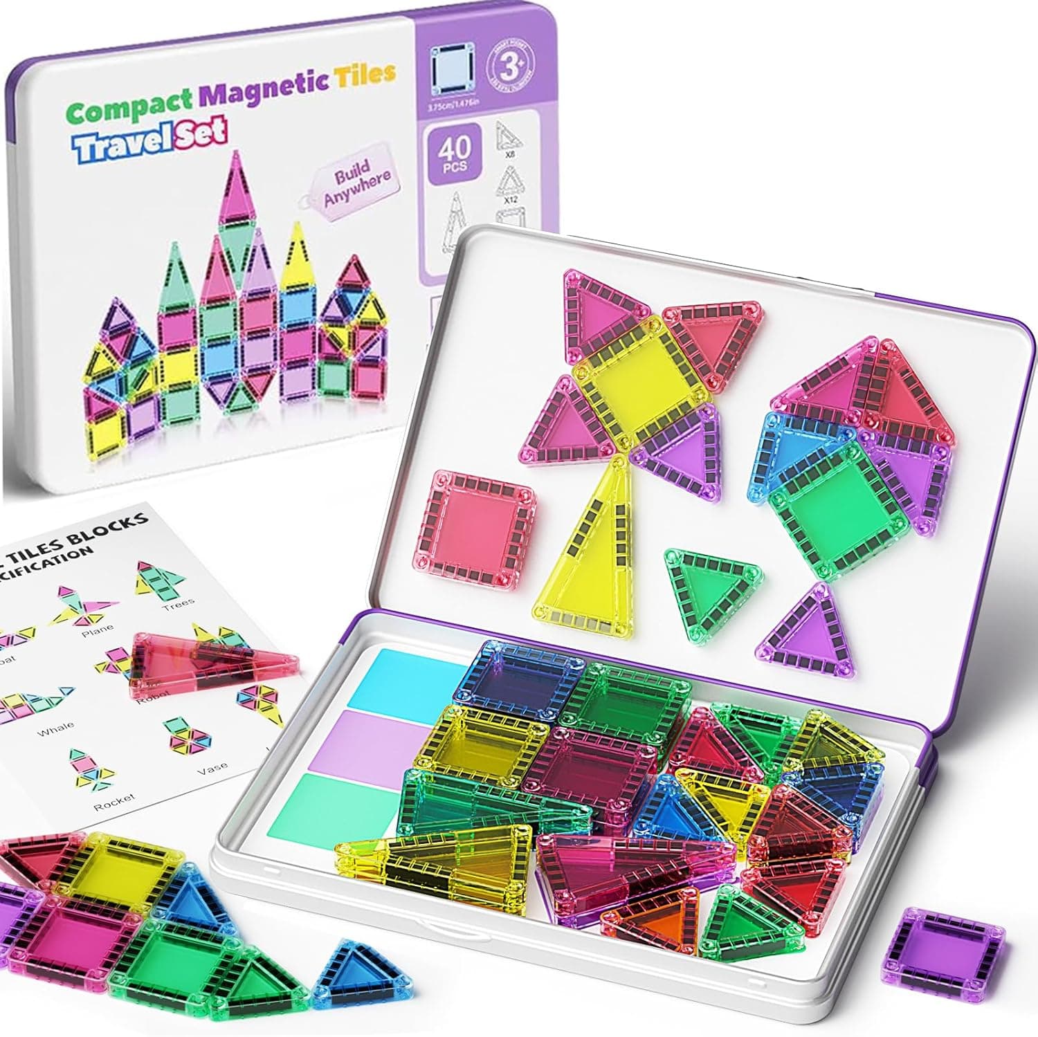 Azulejos magnéticos, 40 piezas, juego de bloques de construcción magnéticos de viaje, mini azulejos magnéticos, juguetes de construcción con caja de hierro para niños y niñas, juguetes magnéticos para