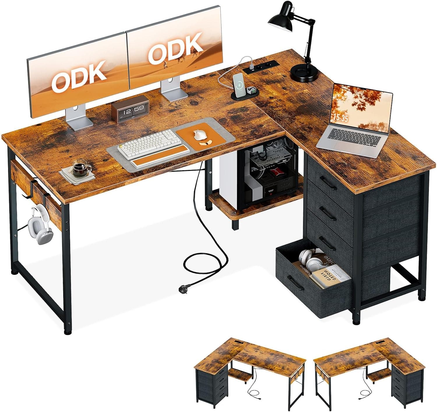 ODK Escritorio Esquinero con 4 Cajones de Tela, 135x100cm, Madera Vintage