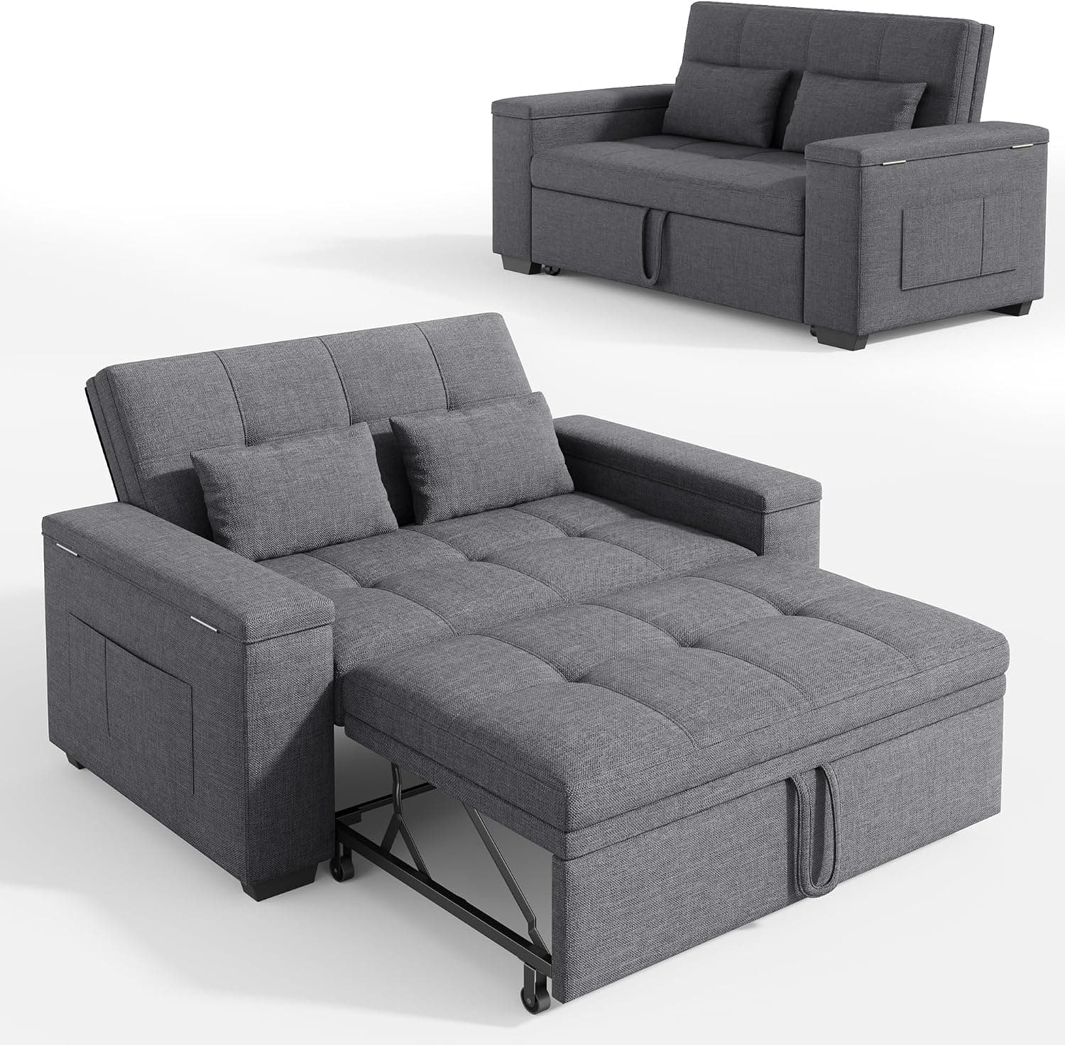 Xbro Sofa Cama 2 Plazas, Sillón Convertible 3 en 1 con Cama, Sofá con Respaldo Ajustable en 3 Posiciones y Espacio de Almacenamiento, 156 x 74 x 86cm, Incluye Dos Cojines,Gris Oscuro