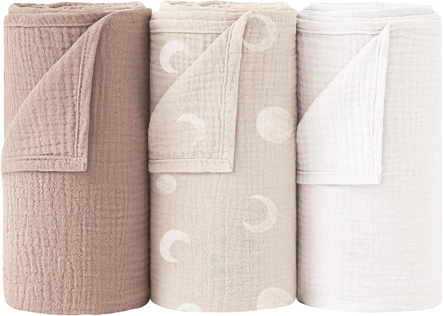 Bearmoss 100% Algodón Mantas Envolventes de Muselina para Bebé 3PCS, Mantas Swaddle de Muselina de Algodón Bebé Recien Nacido,Muselina Manta Bebé Suave y Transpirable para Bebé,96x102cm (Luna Blanca)
