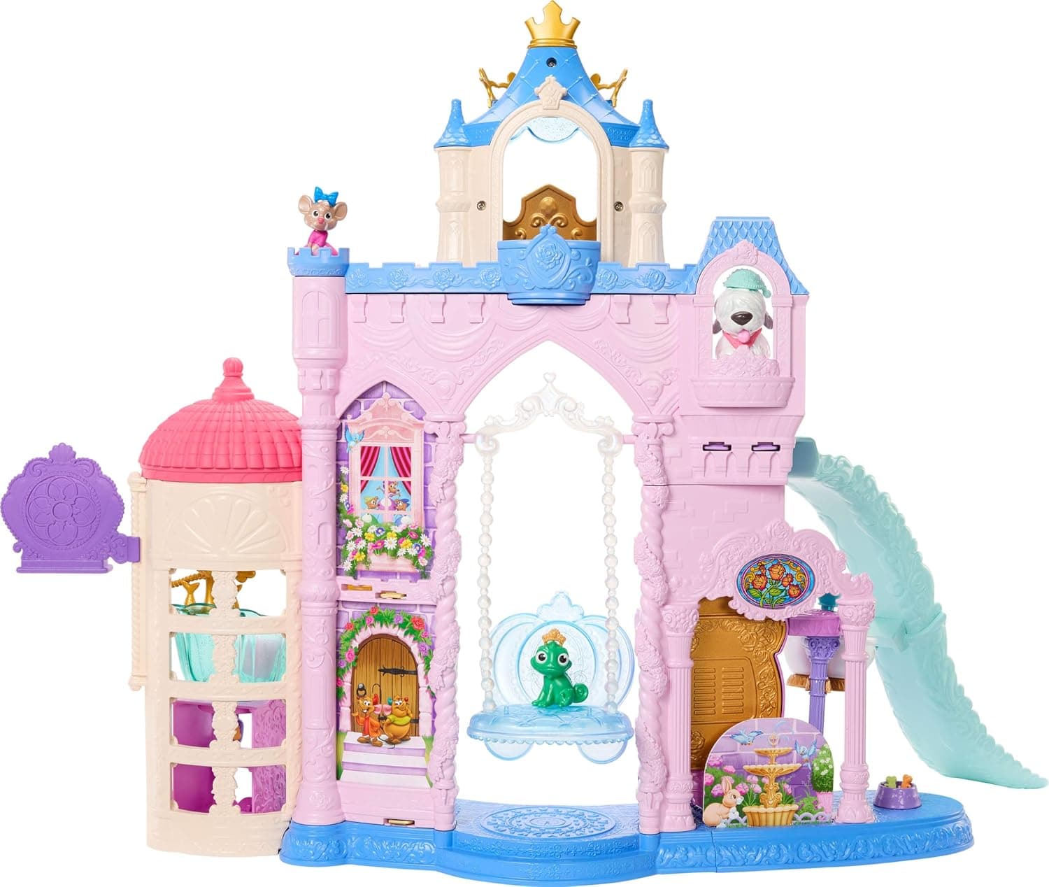 Mattel Disney Princesas Palacio de mascotas Conjunto de juego con 7 zonas de juego, 3 mascotas, muebles y 17 accesorios, más de 65cm de altura, inspirado en las películas, JBF96