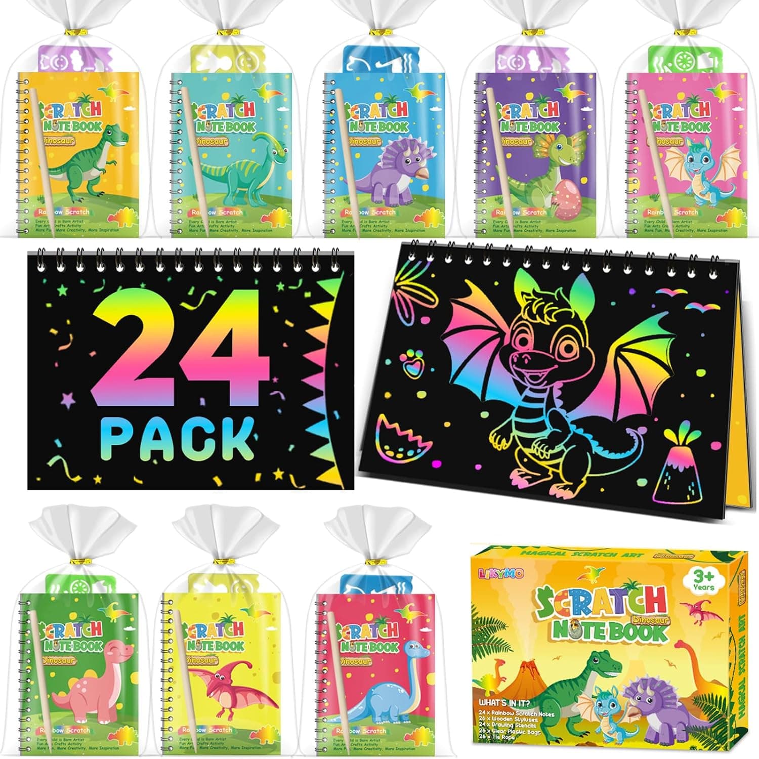 24 Kits de Dinosaurios Scratch Art para Niños, Detalles Cumpleaños Niños
