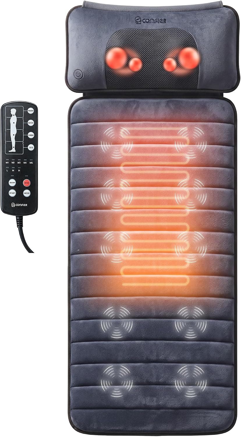 Comfier Colchoneta de Masaje Cuerpo Completo con calefacción, Masajeador de Espalda con Almohada de Masaje Shiatsu Desmontable para el Cuello, 10 Motores vibradores, 4 Almohadillas térmicas