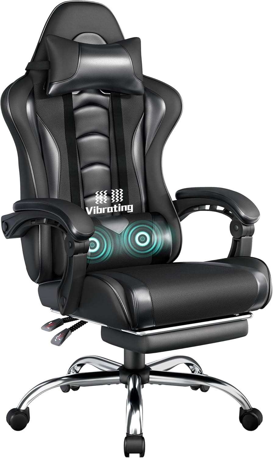 Yaheetech Silla Gaming con Masajeador Silla Oficina con Reposapiés Negro