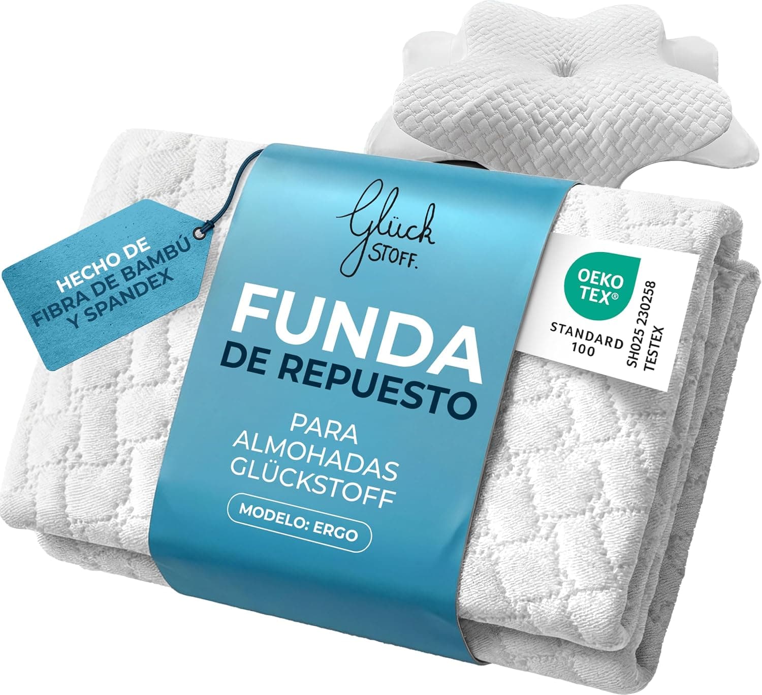 Glückstoff® Funda de Almohada para Almohada ergonómica [Efecto FRÍO & Calor] de Fibra de bambú y Spandex | Suave & Acolchada | Funda de Repuesto | Blanco | Versión: Ergo