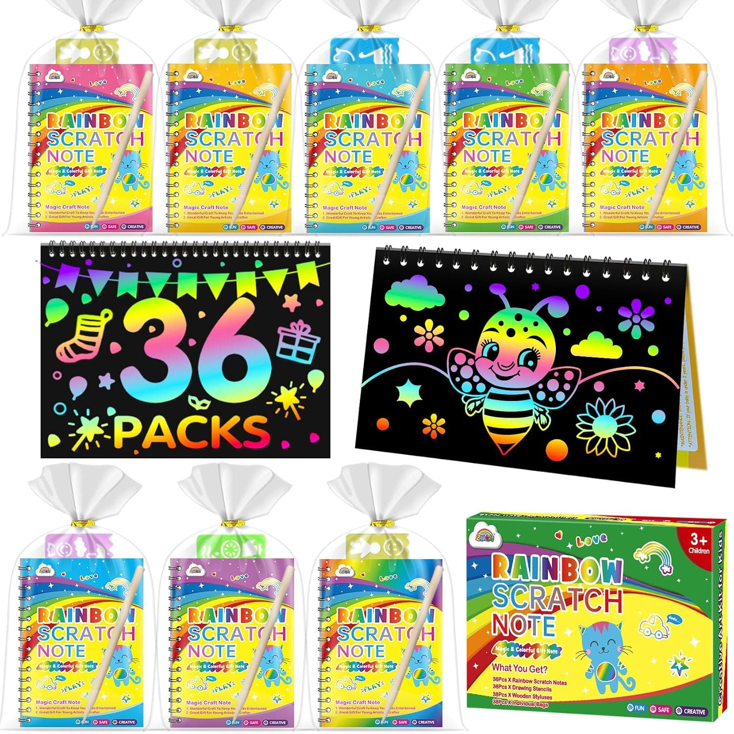 ZMLM 36 Libros Scratch Manualidades Kit con 36 Plantilla y Lápiz de Madera, Regalos Cumpleaños Niños Colegio, Detalles cumpleaños niños, Regalo niño y Niña Alumnos 3 a 9 Años