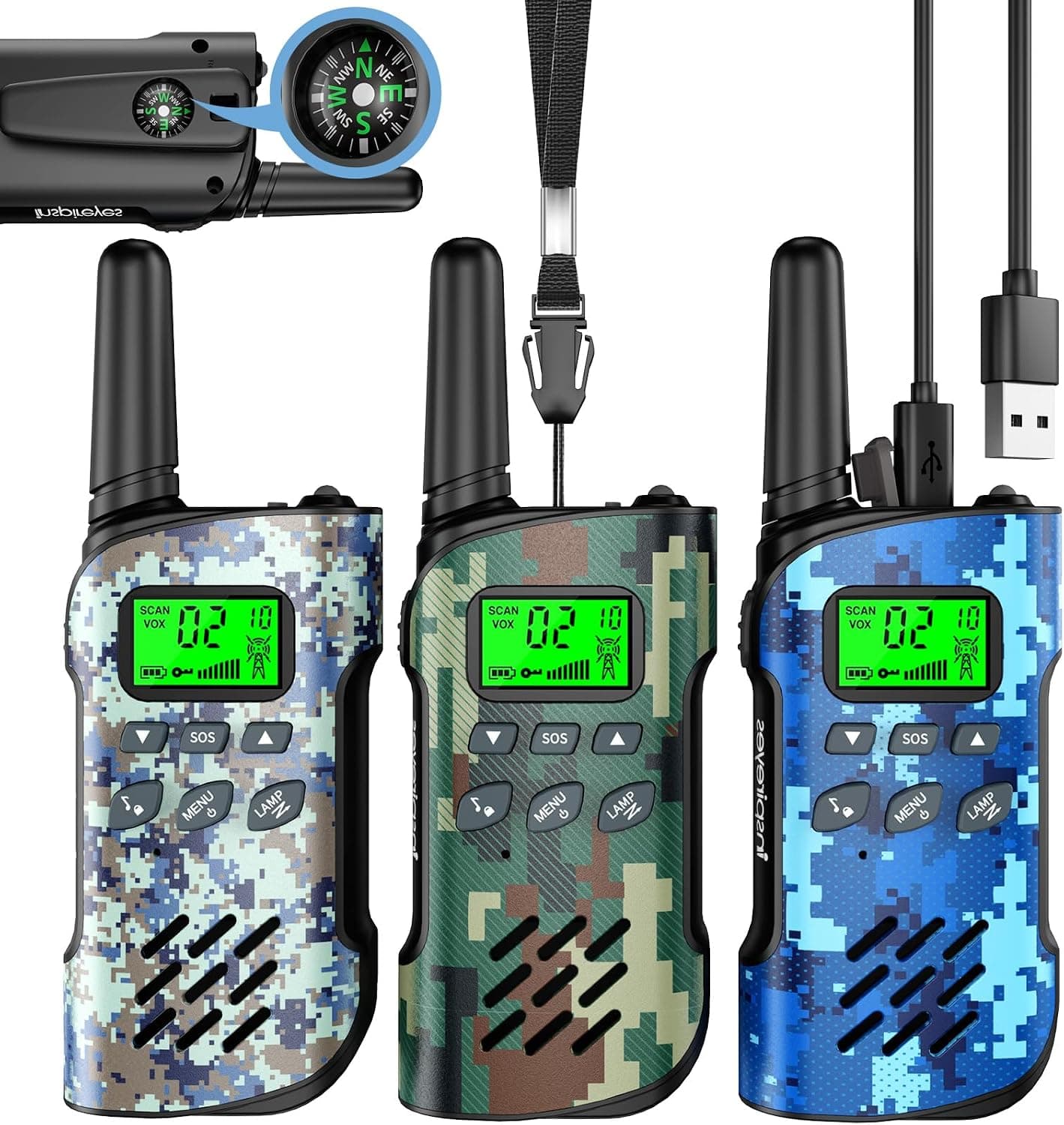 Inspireyes Walkie Talkies Niños Recargables,Regalo Niño Niña,Pack de 3