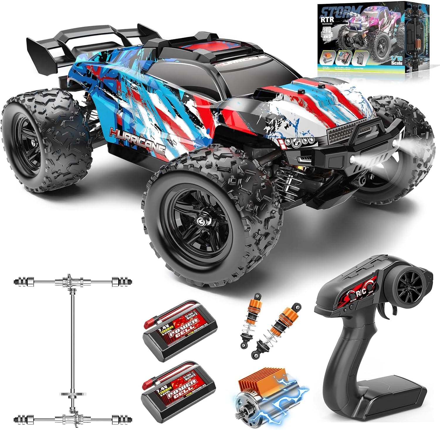 Coche Teledirigido Adulto 1:18 4x4 Todoterreno, RC Car 40 km/h con Doble Batería 1200mAh, Transmisión Metálica Completa y Velocidad Ajustable, Coche RC Radiocontrol Portátil para Exteriores