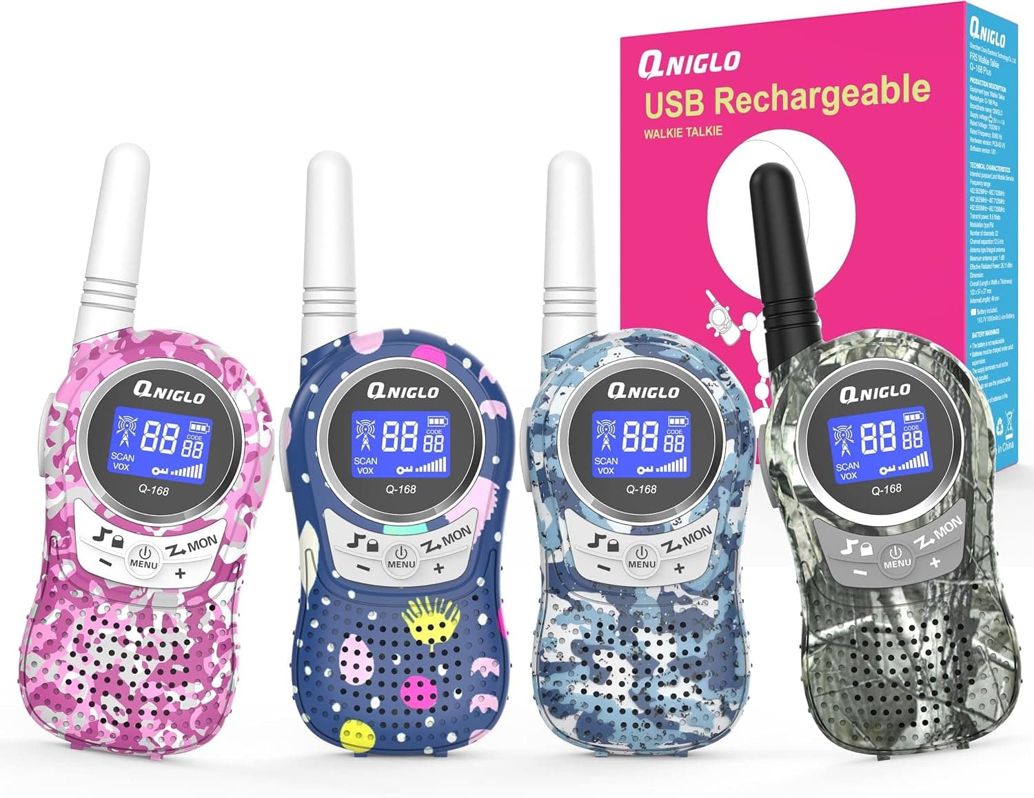 QNIGLO Camuflaje Walkie Talkies Niños, Walky Talky Recargable 4 Piezas