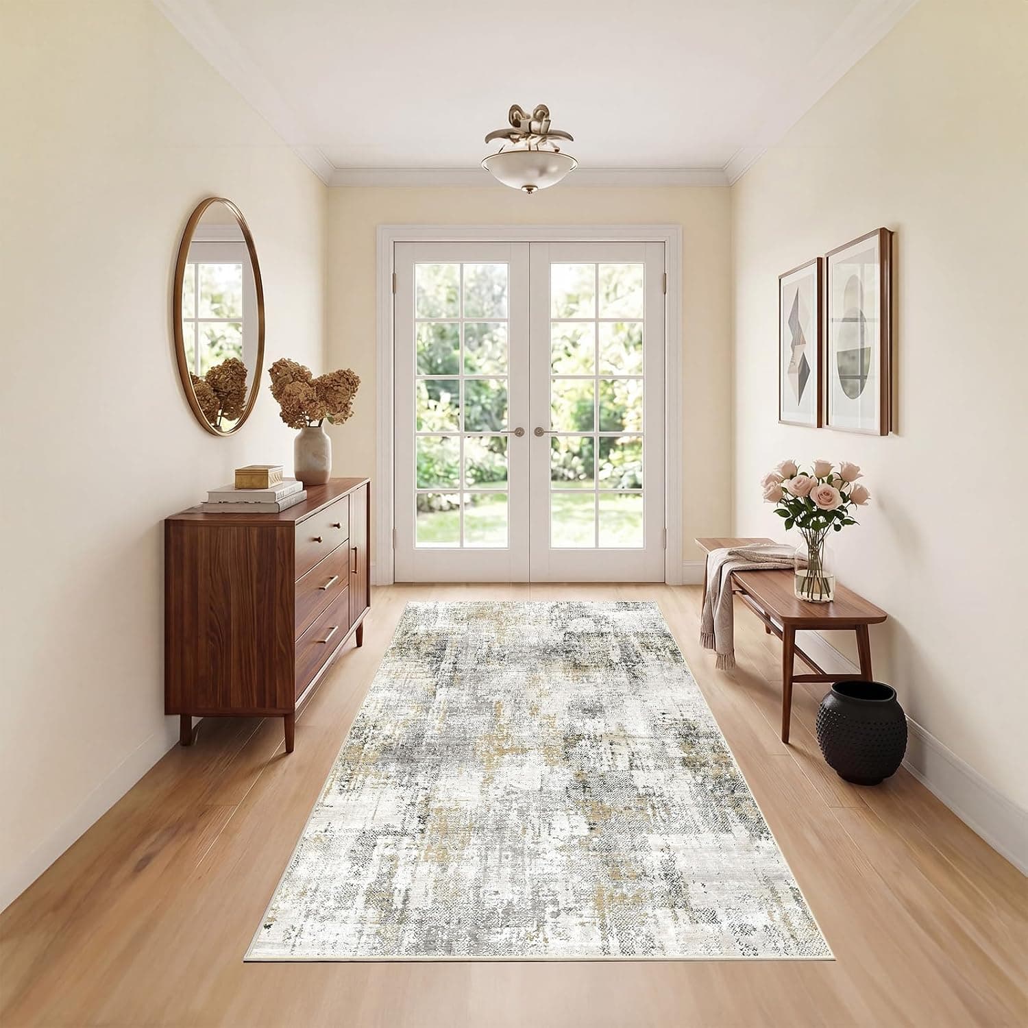 Alfombra Salón 80x150 cm Gris/Beige Antideslizante Lavable a Máquina, Alfombras de Habitacion Moderno Pelo Corto, Tapete Multiusos para Dormitorio Cocina Comedor Pasillo Entrada Casa