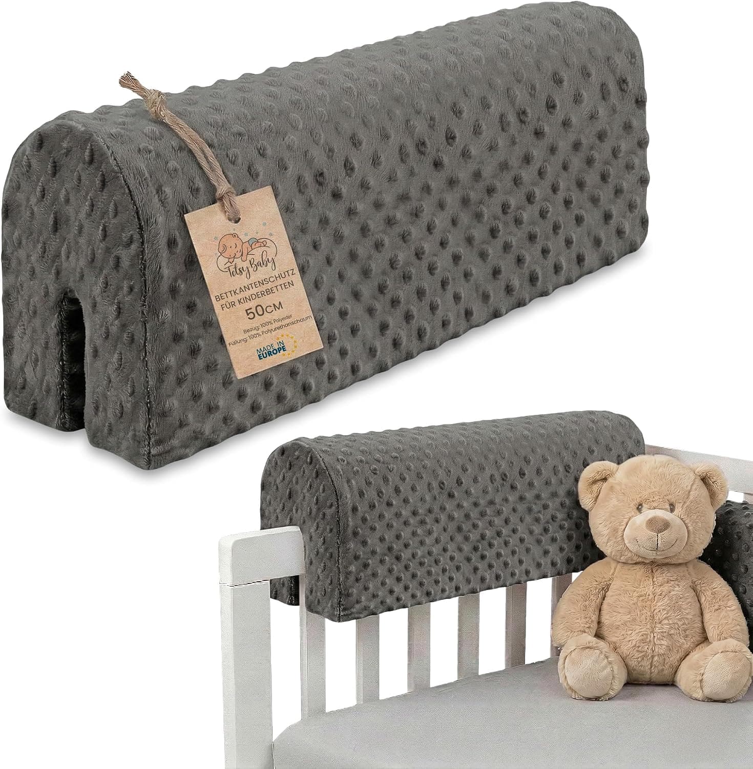 Protector de Borde de Cama para Cuna de 50 cm, protección para Marco de Cama de bebé, protección contra caídas para Cama con somier, Barrera con Funda, protección de Bordes, Cuna, Color Gris