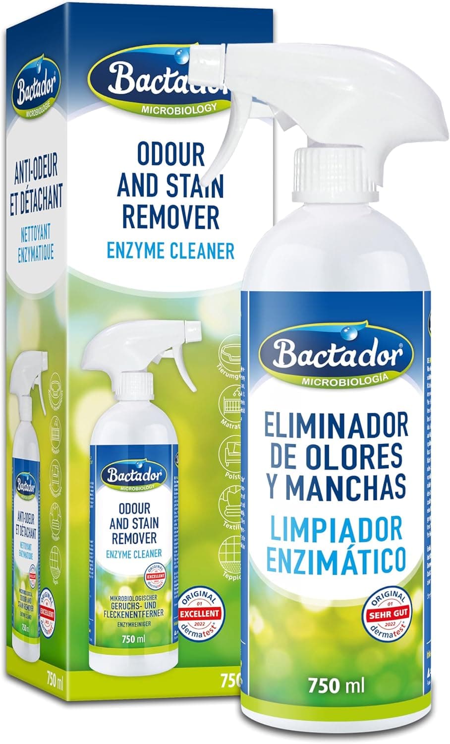 Bactador Eliminador De Olores Y Manchas 750ml - Spray - Limpiador Enzimático Biológico - Eliminador de olores - Para El Hogar, Coche Y Entorno Animal - neutralizador de olores para gatos