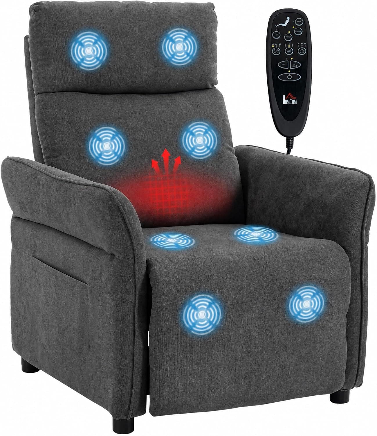 HOMCOM Sillón Masaje Reclinable 135° Manual Reposapiés Calor Lumbar Gris