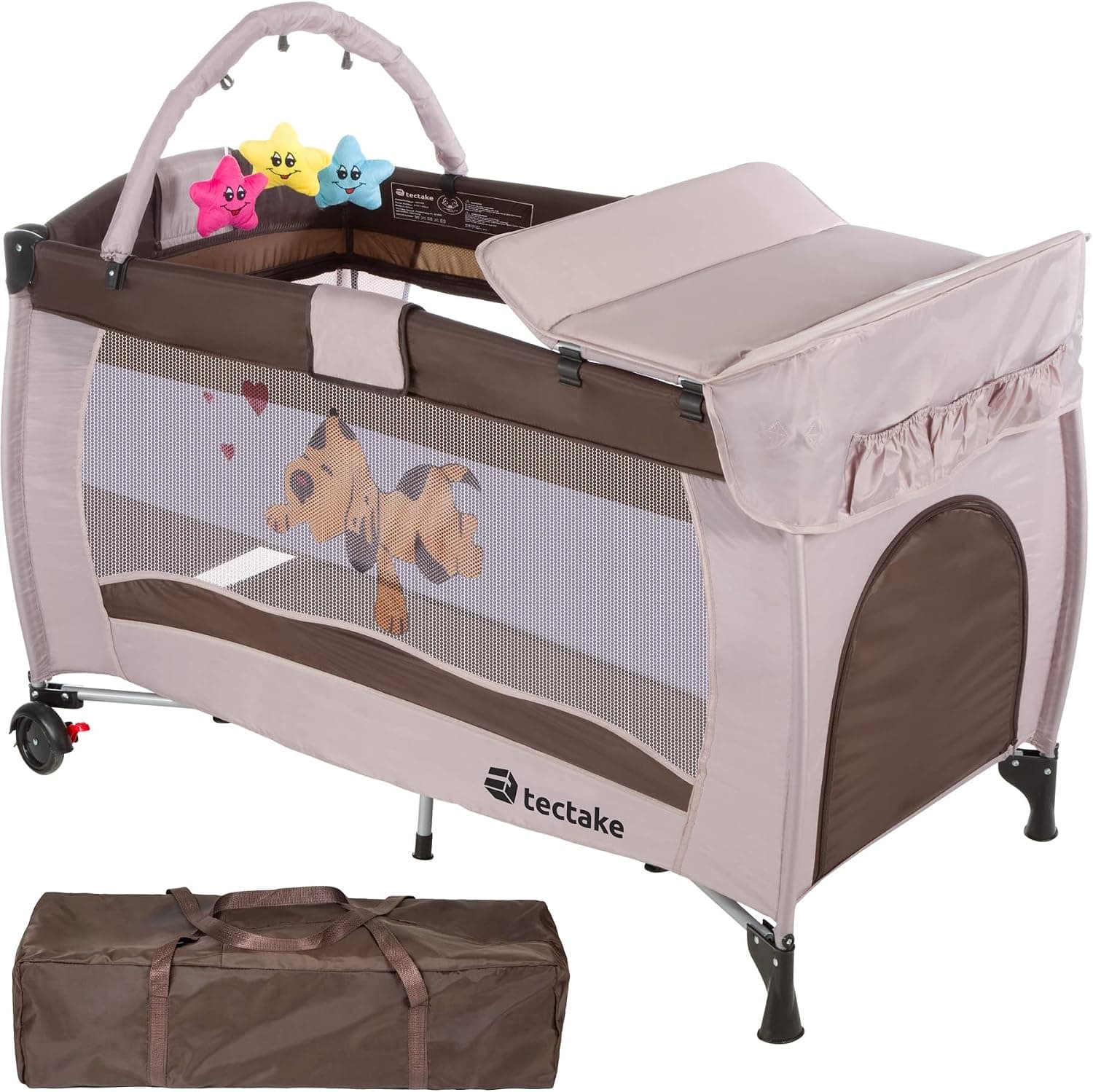 tectake® Cuna Bebe Plegable y Ajustable, Parque Infantil con Corralito y Bolsa de Transporte, Cama Infantil Portátil, Corral para Bebe - 132 x 75 x 104 cm Diseño Tigre Marrón