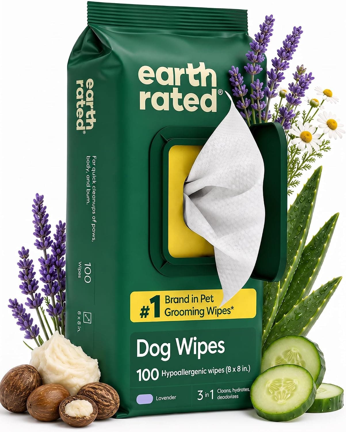 Earth Rated Toallitas hipoalergénicas para Perros, para Limpiar y Eliminar olores de Patas, Cuerpo y Trasero, Cachorros y Perros Adultos, Aroma a Lavanda, 100 Unidades